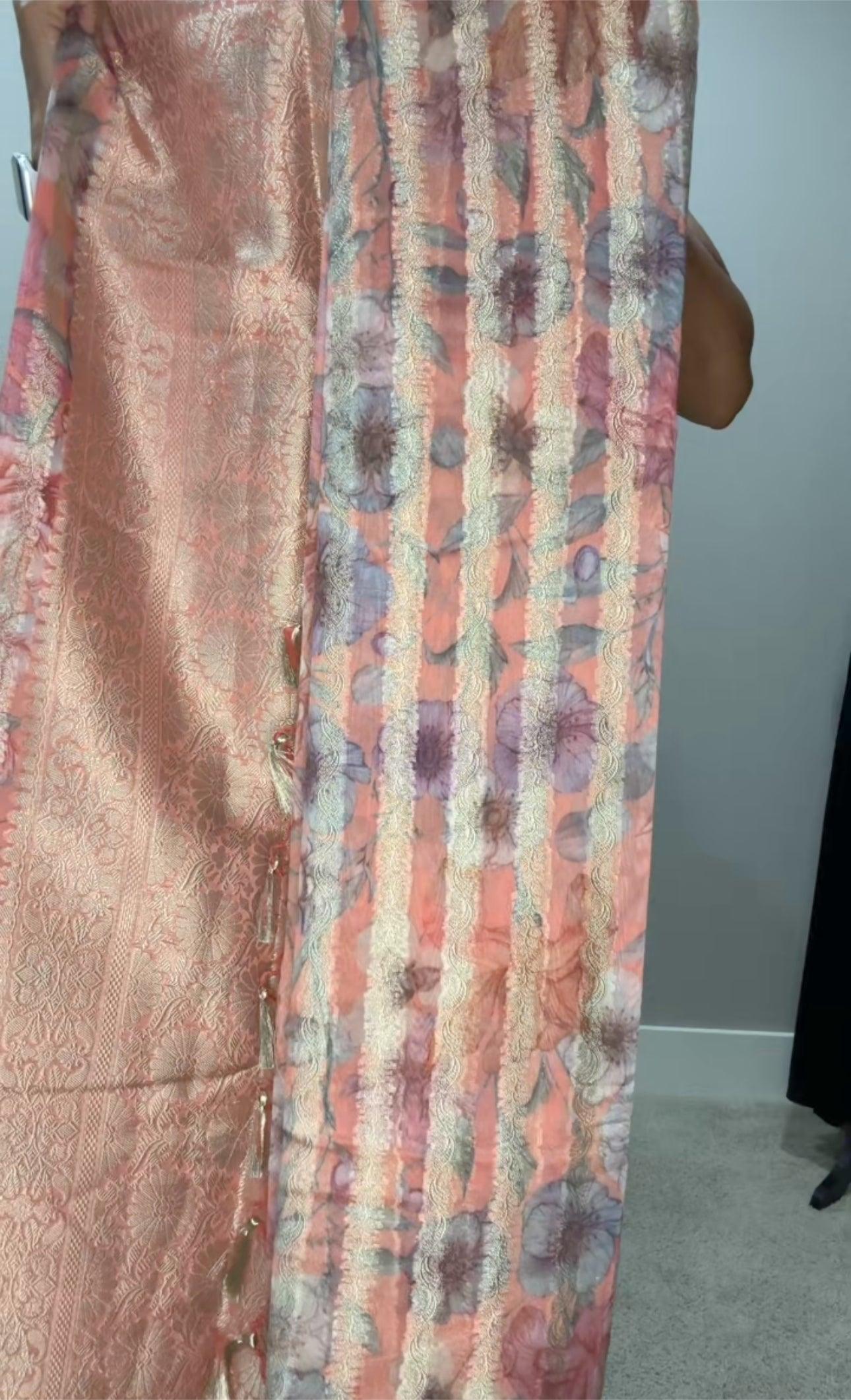 Banarsi Georgette Leheriya Saree - Peach with digital print