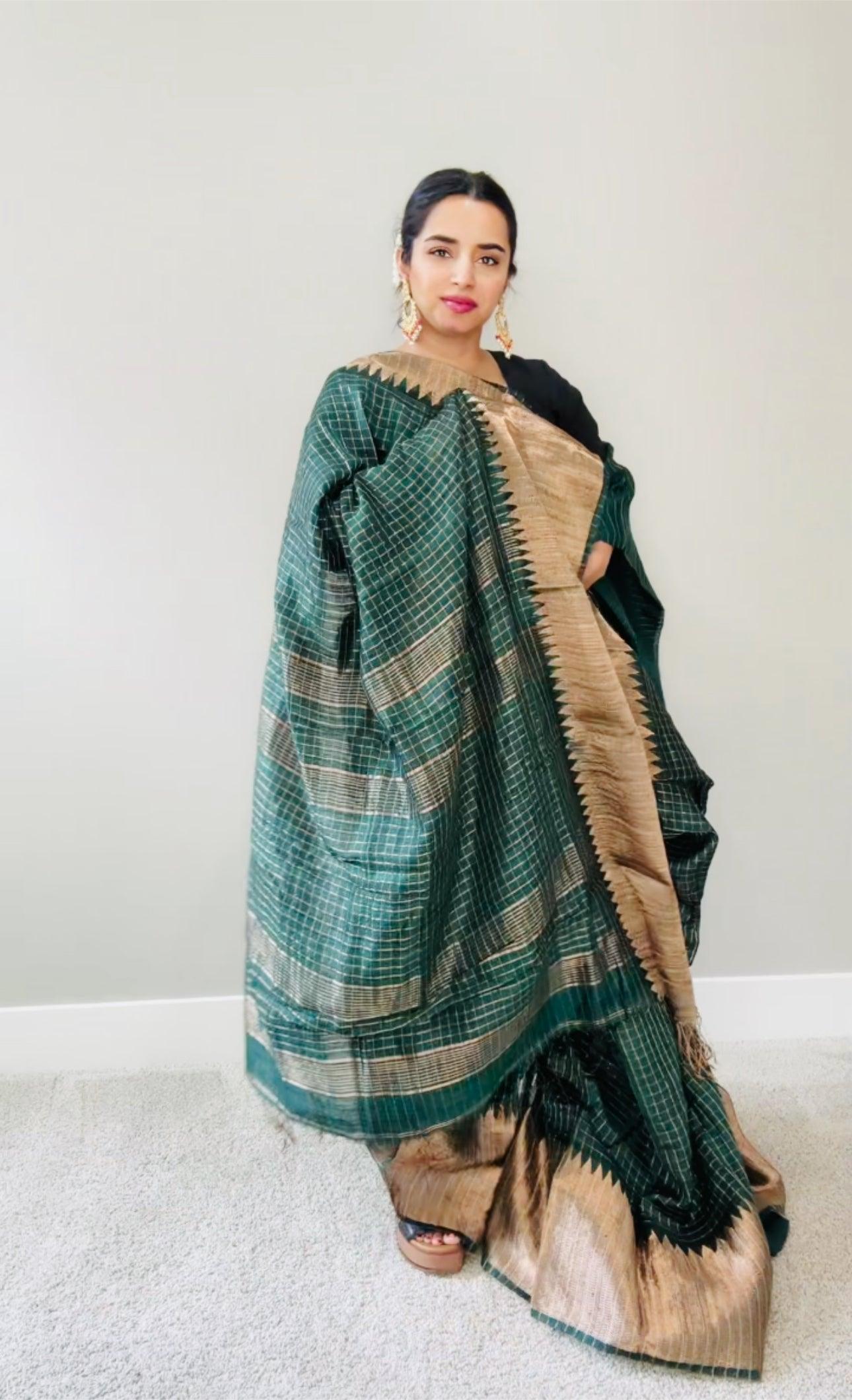 Kanjeewaram Check Saree large border on pure Matka Silk - Green