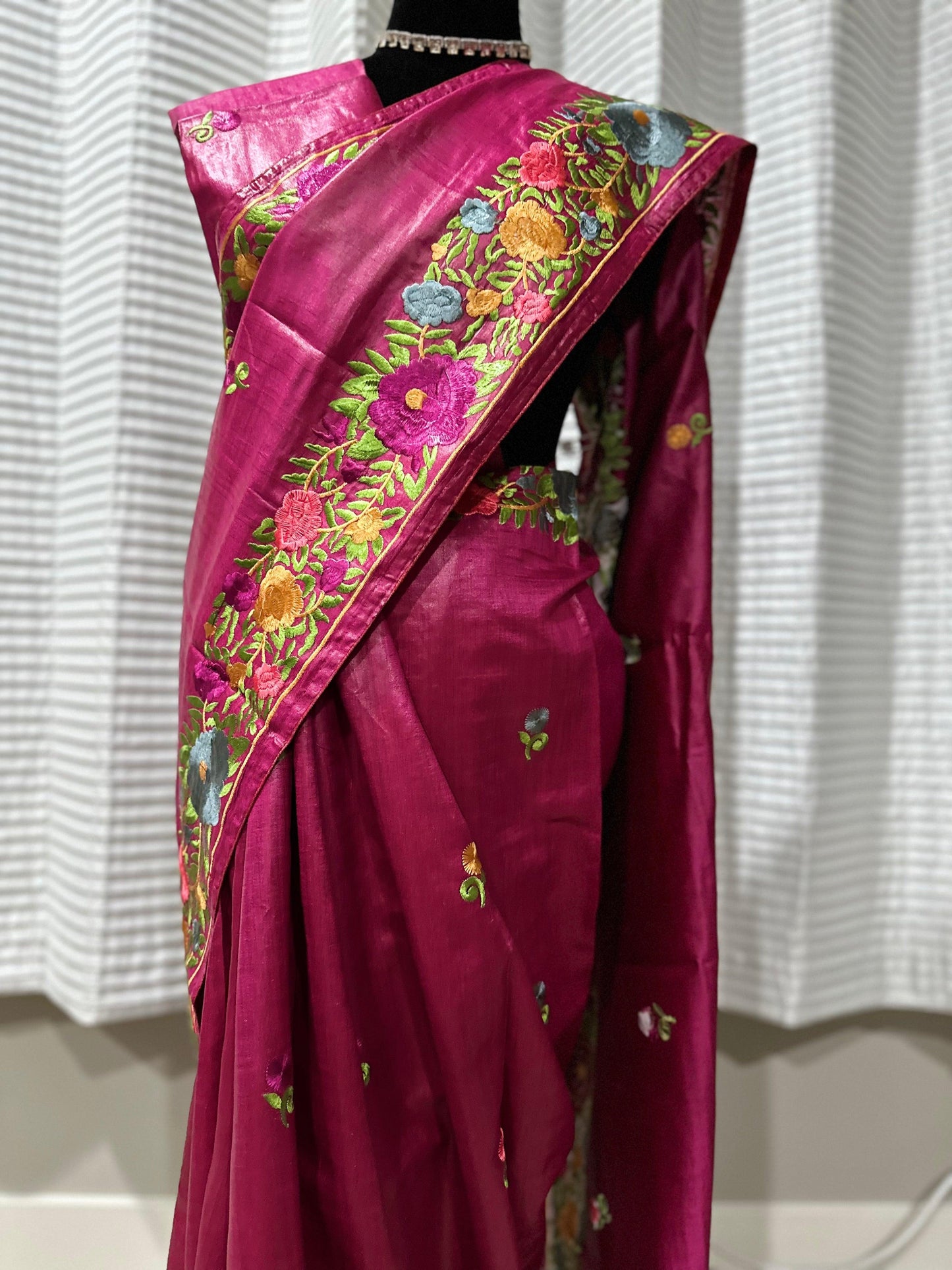 Parsi Gara Inspired Embroidered Tussar Silk Saree