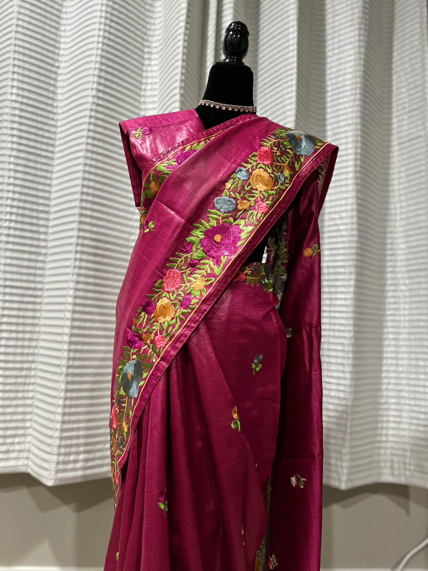 Parsi Gara Inspired Embroidered Tussar Silk Saree