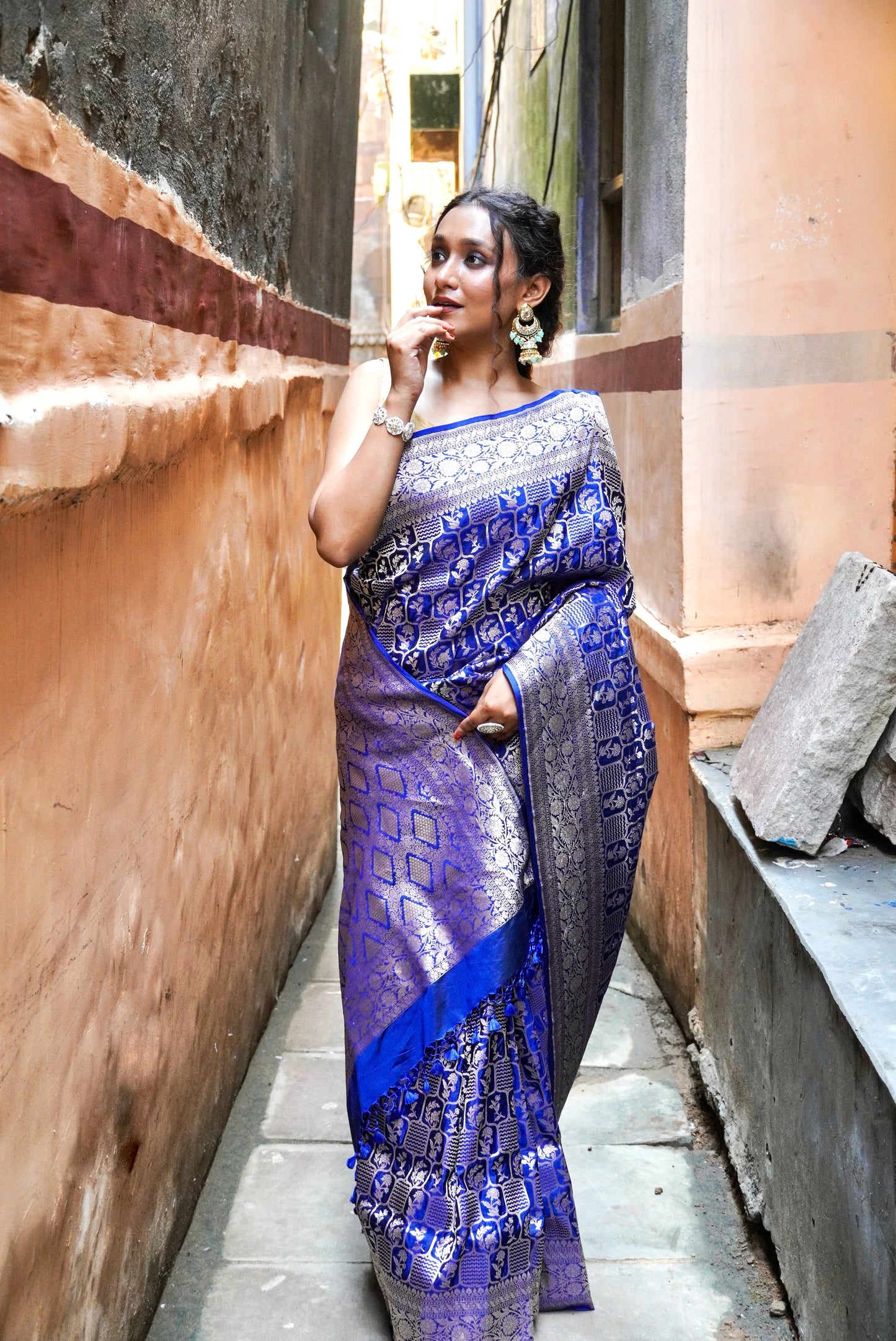 Exquisite  Handwoven Katan Silk Saree Blue  - Silk Mark certified