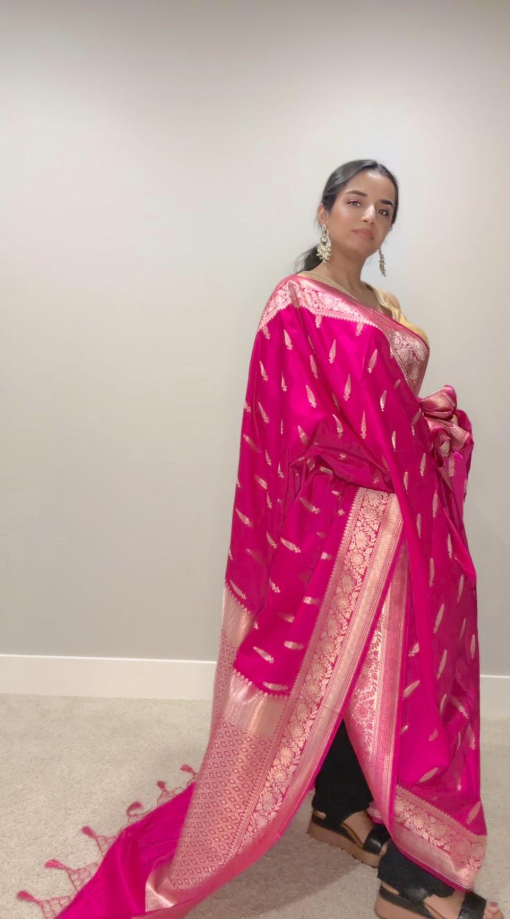 Banarasi Silk Saree Mashru - Dark Pink