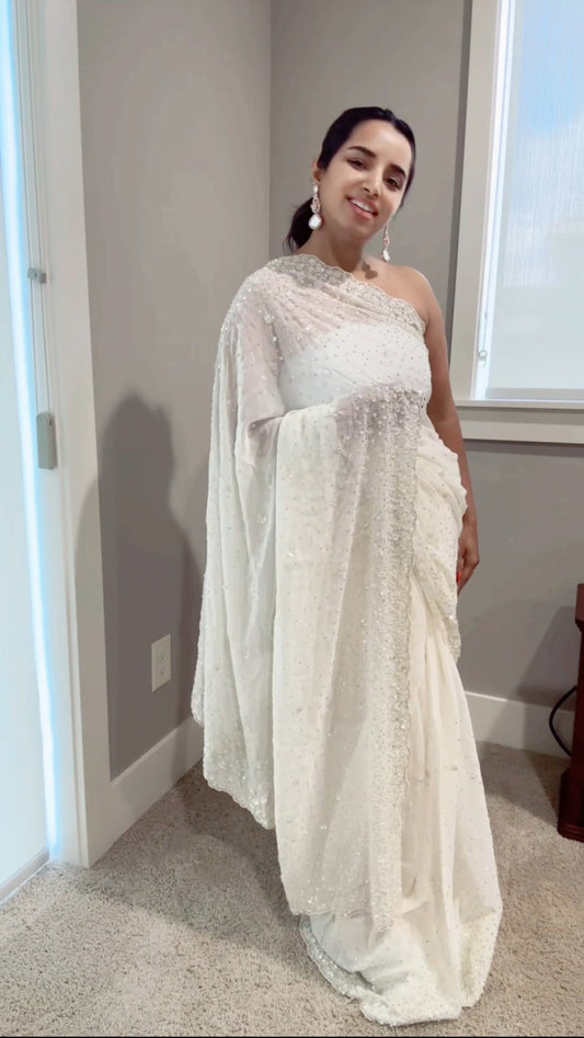 Pure Georgette Hand work Saree in Beige/Cream