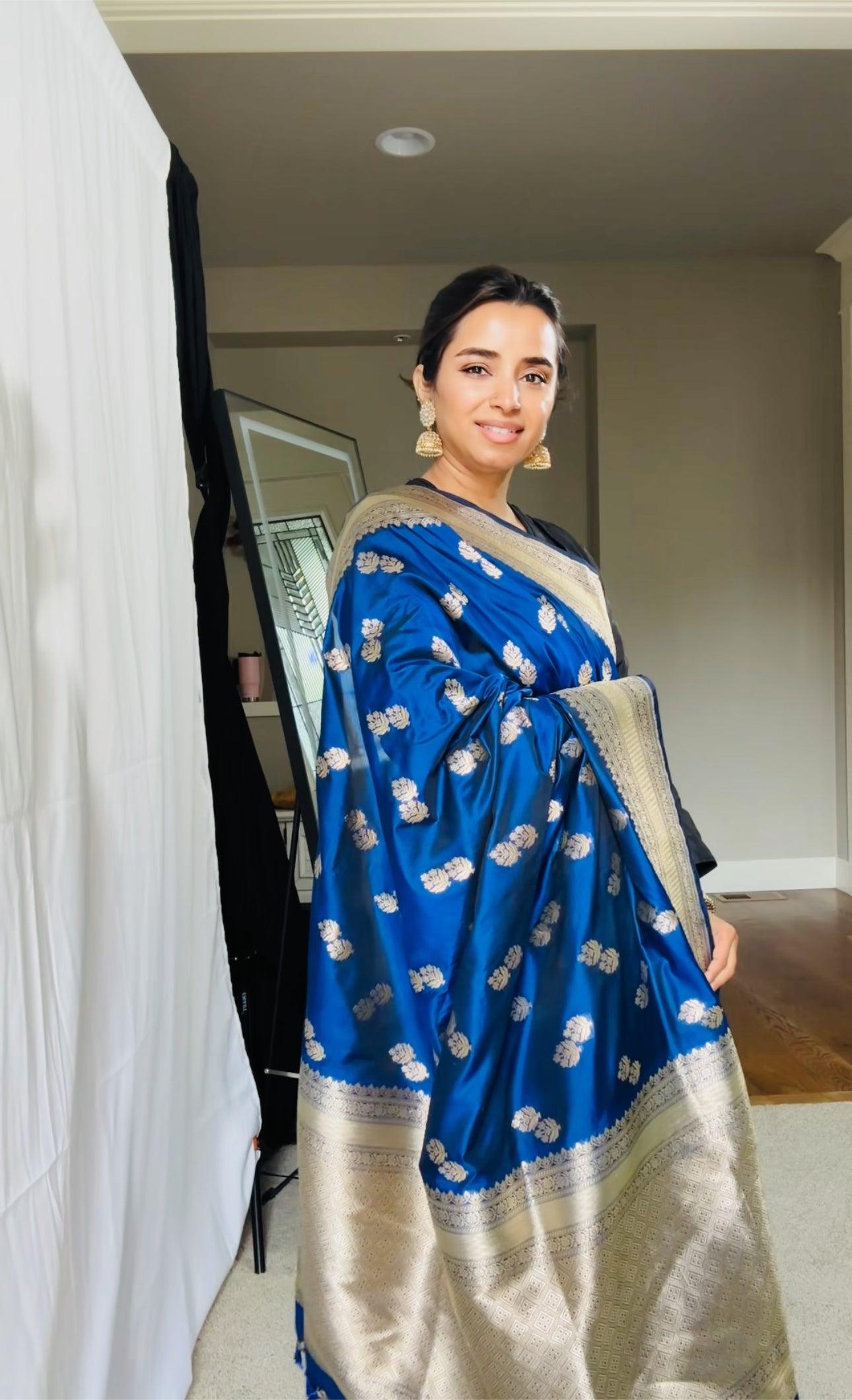 Exquisite Blue Handwoven Katan Silk Saree with Gold Zari Silk Mark Saree with blouse