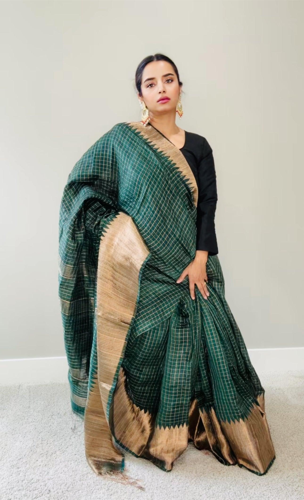 Kanjeewaram Check Saree large border on pure Matka Silk - Green
