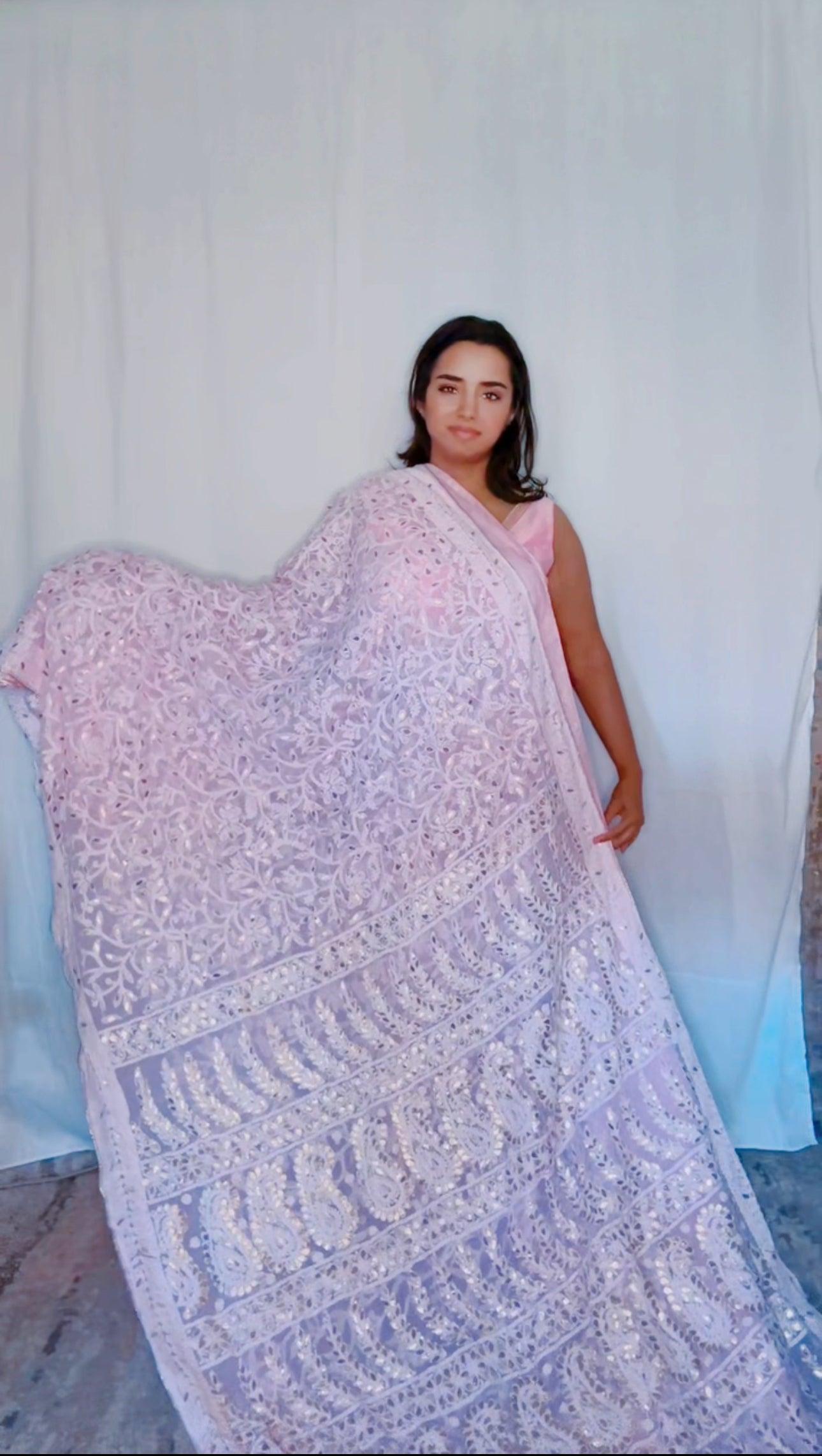 Authentic Hand Lucknowi Chikankari Full Jaal  with Gotta Patti  Georgette Saree Pastel Pink