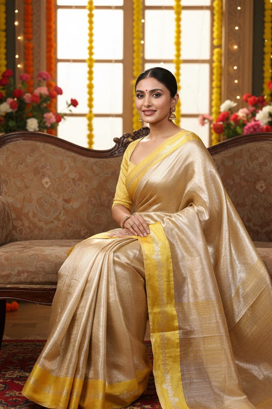 Aahana – The Golden Glow | Tissue Brocade Saree with Satin Border