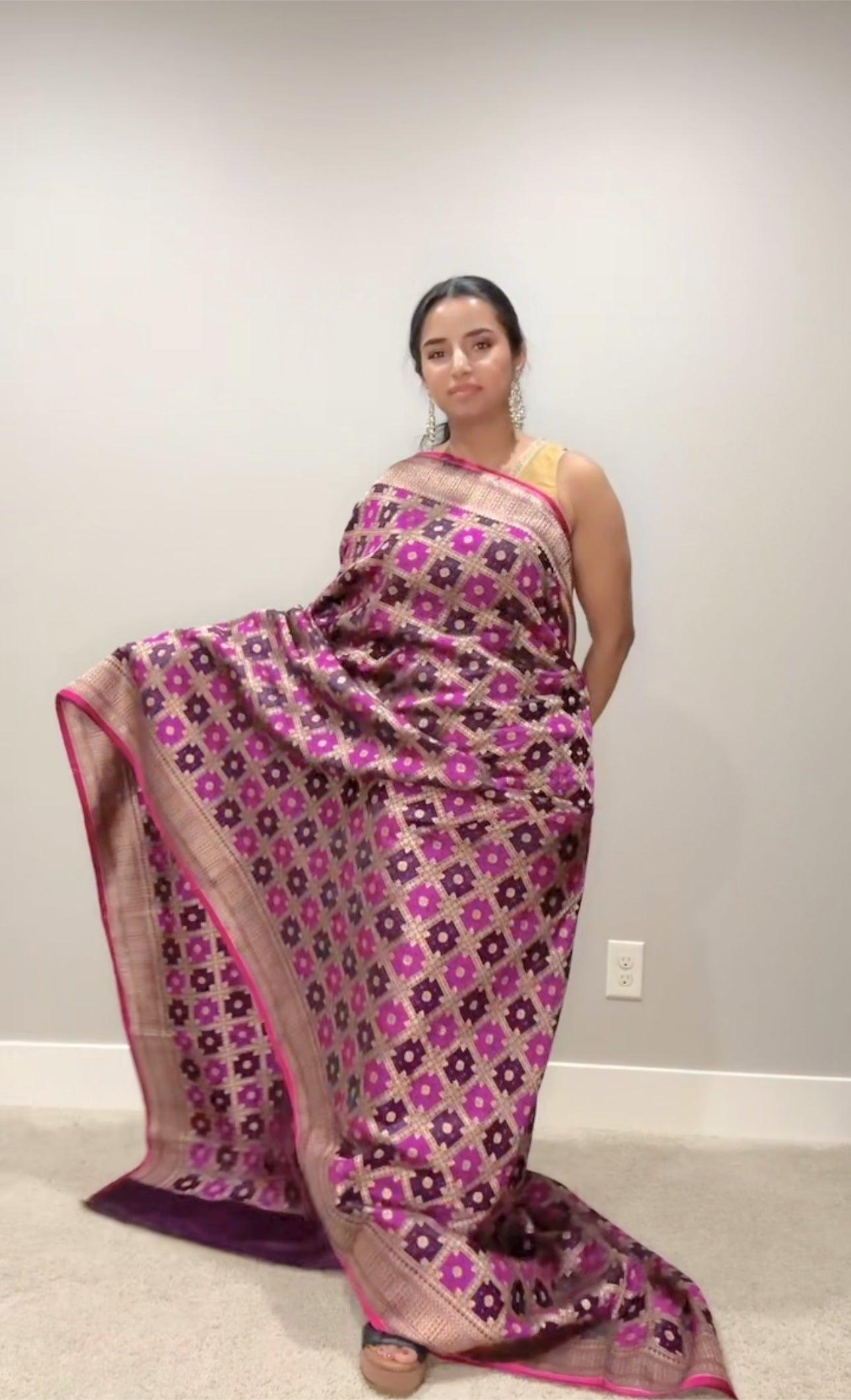 Banarasi Silk Saree Pure Mashru - Iktara weaving- Purple Garchola