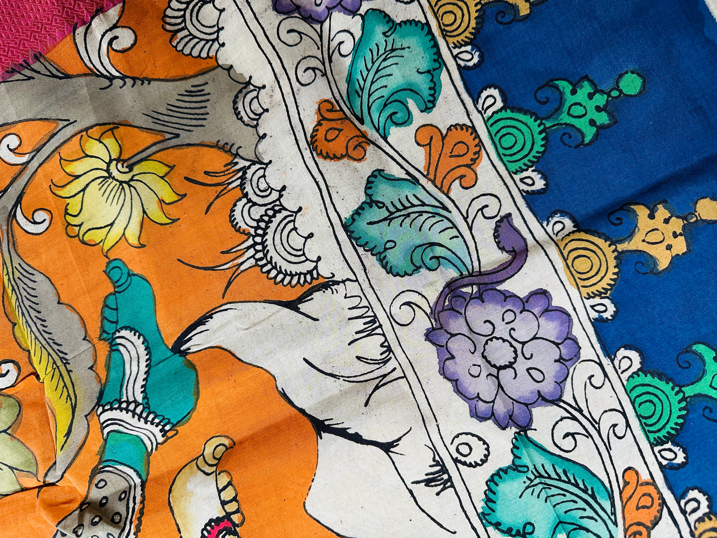 Pen Kalamkari with zari border in Silk - with silk Mark