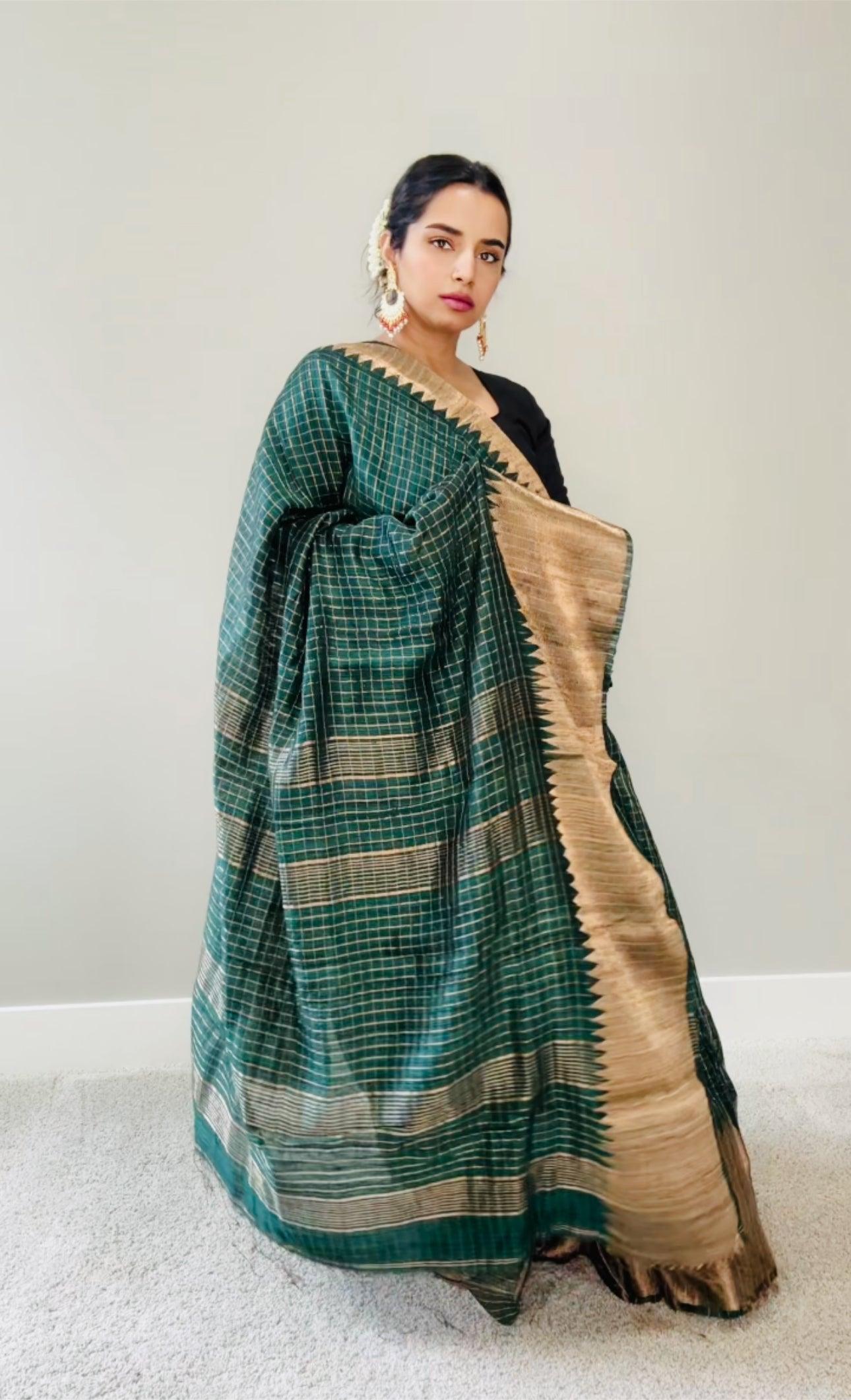 Kanjeewaram Check Saree large border on pure Matka Silk - Green