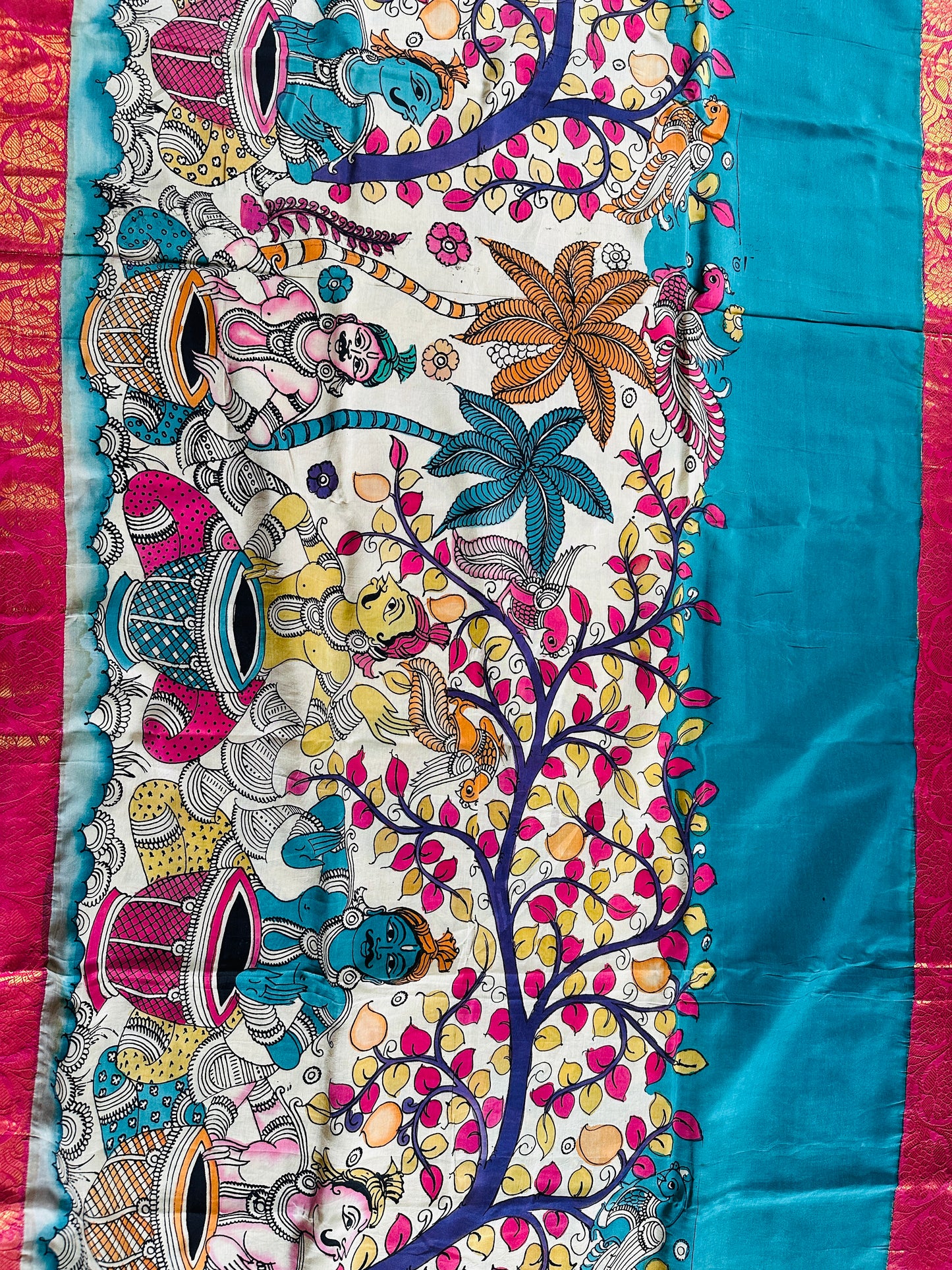 Pen Kalamkari with zari border in Silk - with silk Mark