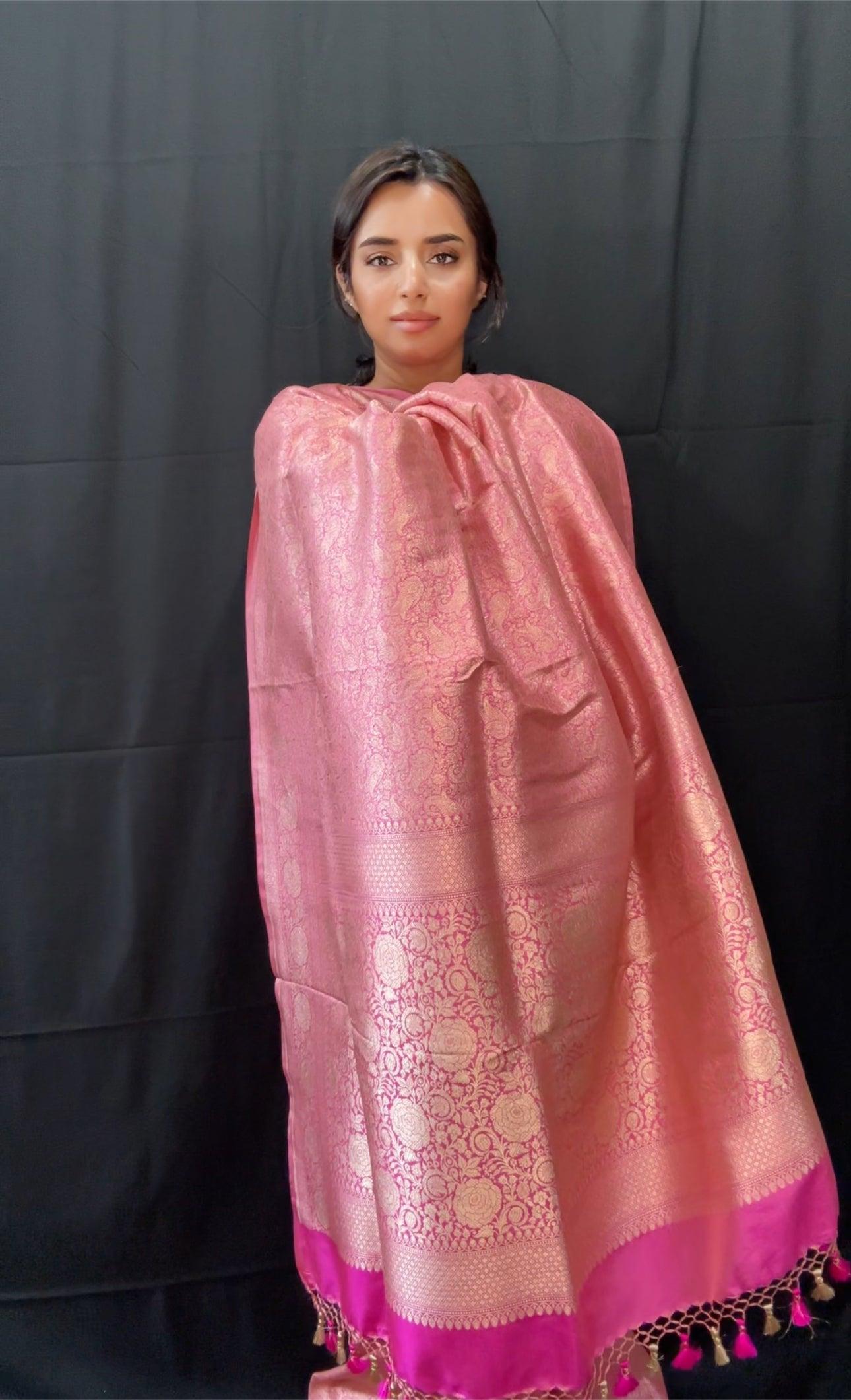 Tanchoi Banarasi Handwoven Pink Katan Silk Saree with Gold Zari Silk Mark Saree with blouse