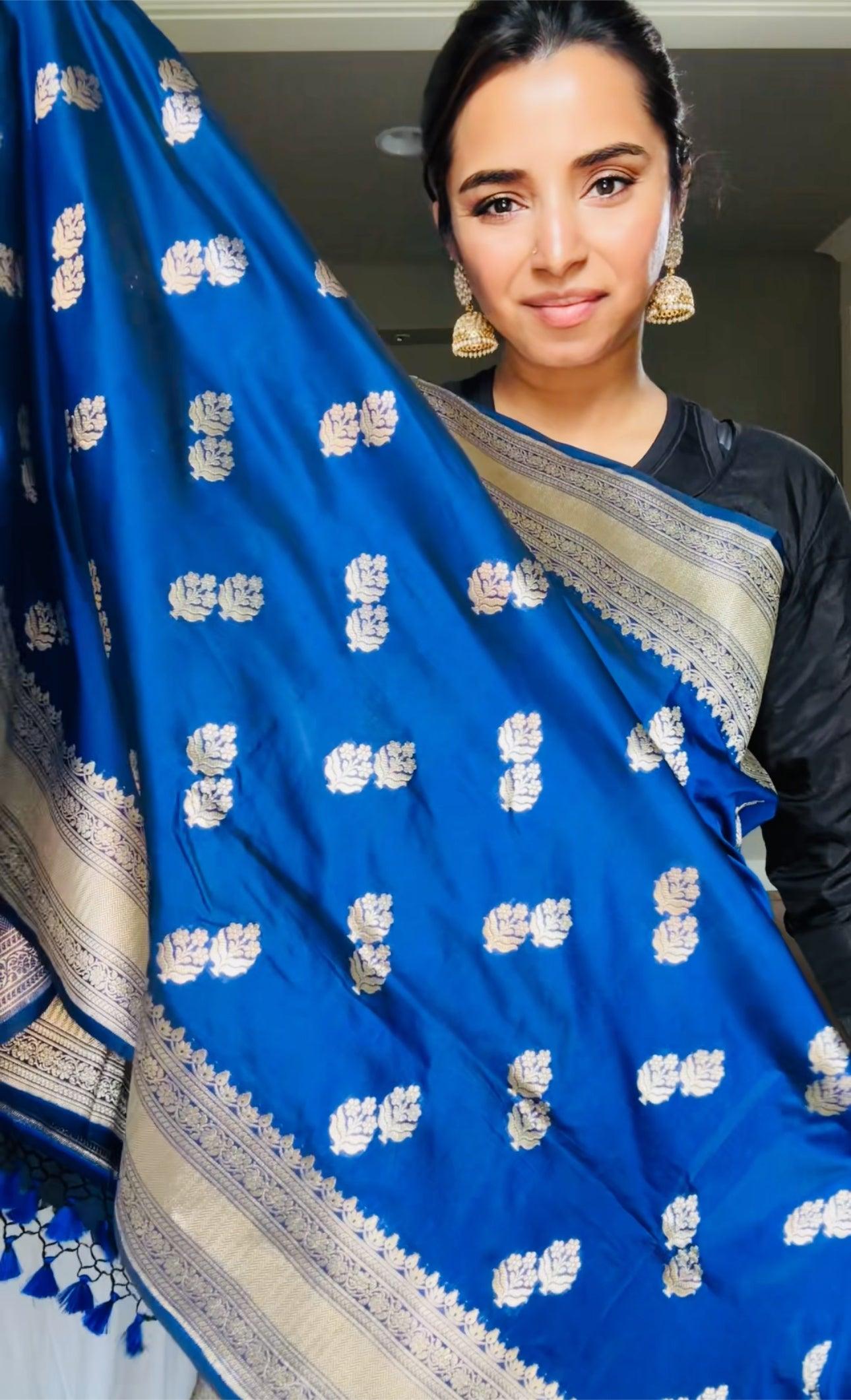 Exquisite Blue Handwoven Katan Silk Saree with Gold Zari Silk Mark Saree with blouse