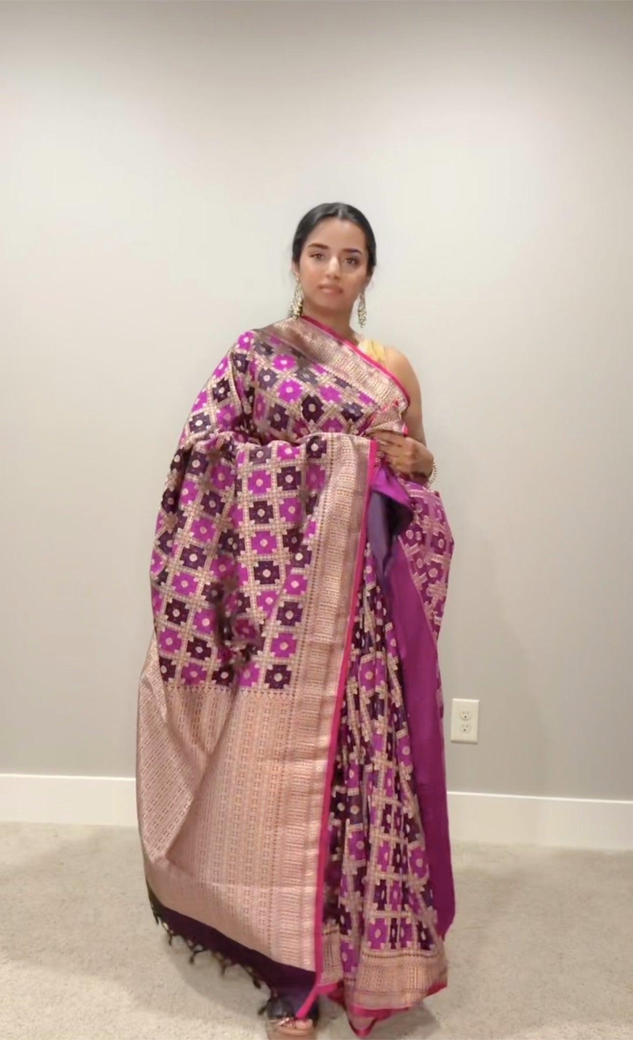 Banarasi Silk Saree Pure Mashru - Iktara weaving- Purple Garchola