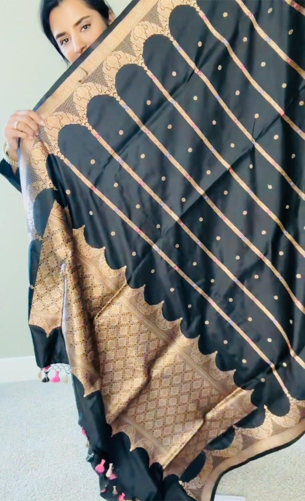Exquisite Banarasi Handwoven Black Katan Silk Saree Kaduwa with Gold Zari Silk Mark Saree with blouse