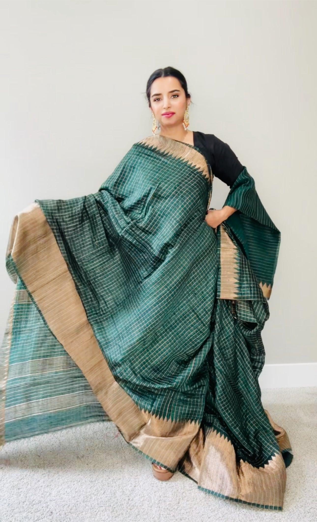 Kanjeewaram Check Saree large border on pure Matka Silk - Green