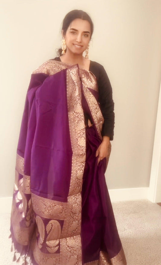 Purple Banarasi Georgette Silk Saree with good zari Stitched Blouse