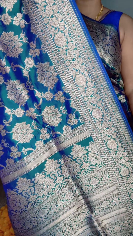 Pure Banarasi Katan Jangla Dual Shade Silk Saree - Peacock Blue