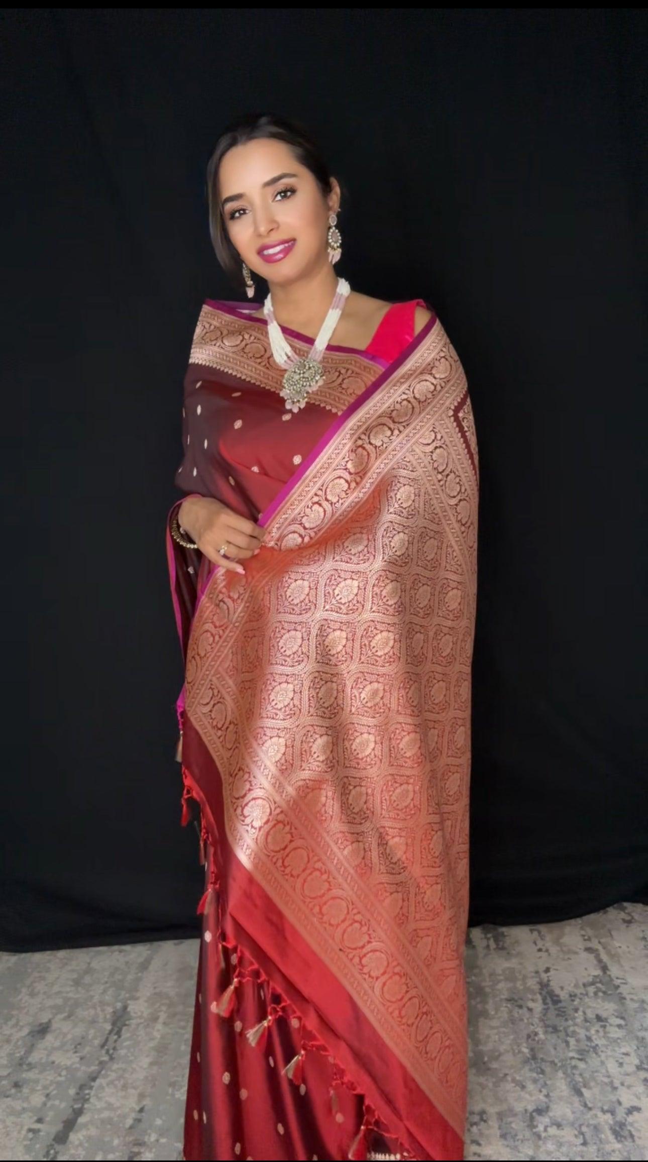 Banarasi Silk Saree Mashru - Dark Pink
