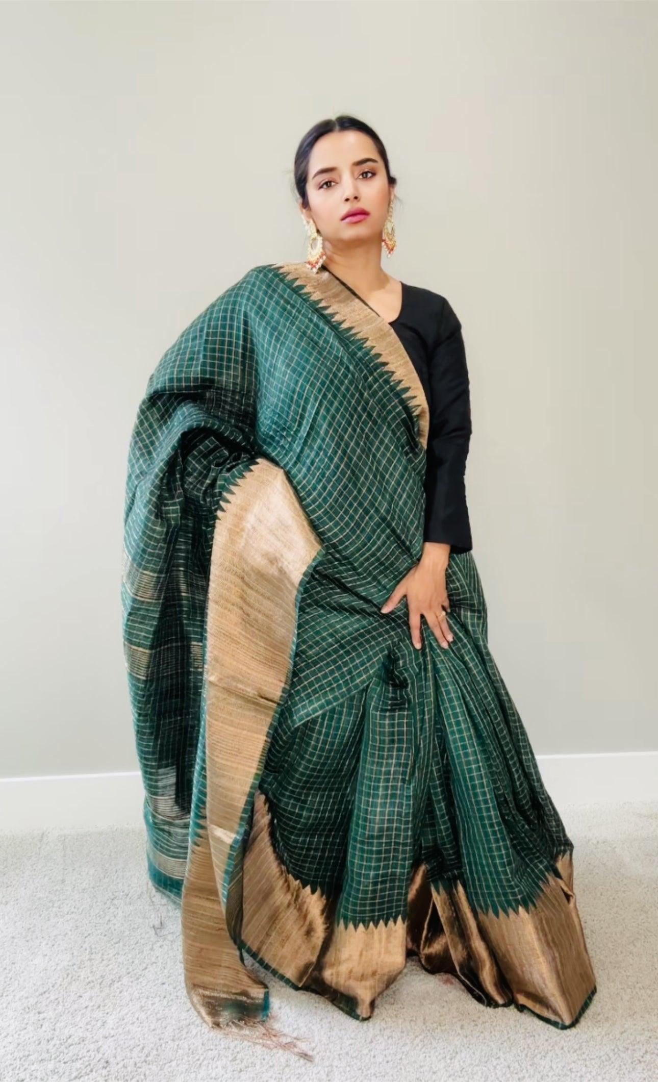 Kanjeewaram Check Saree large border on pure Matka Silk - Green