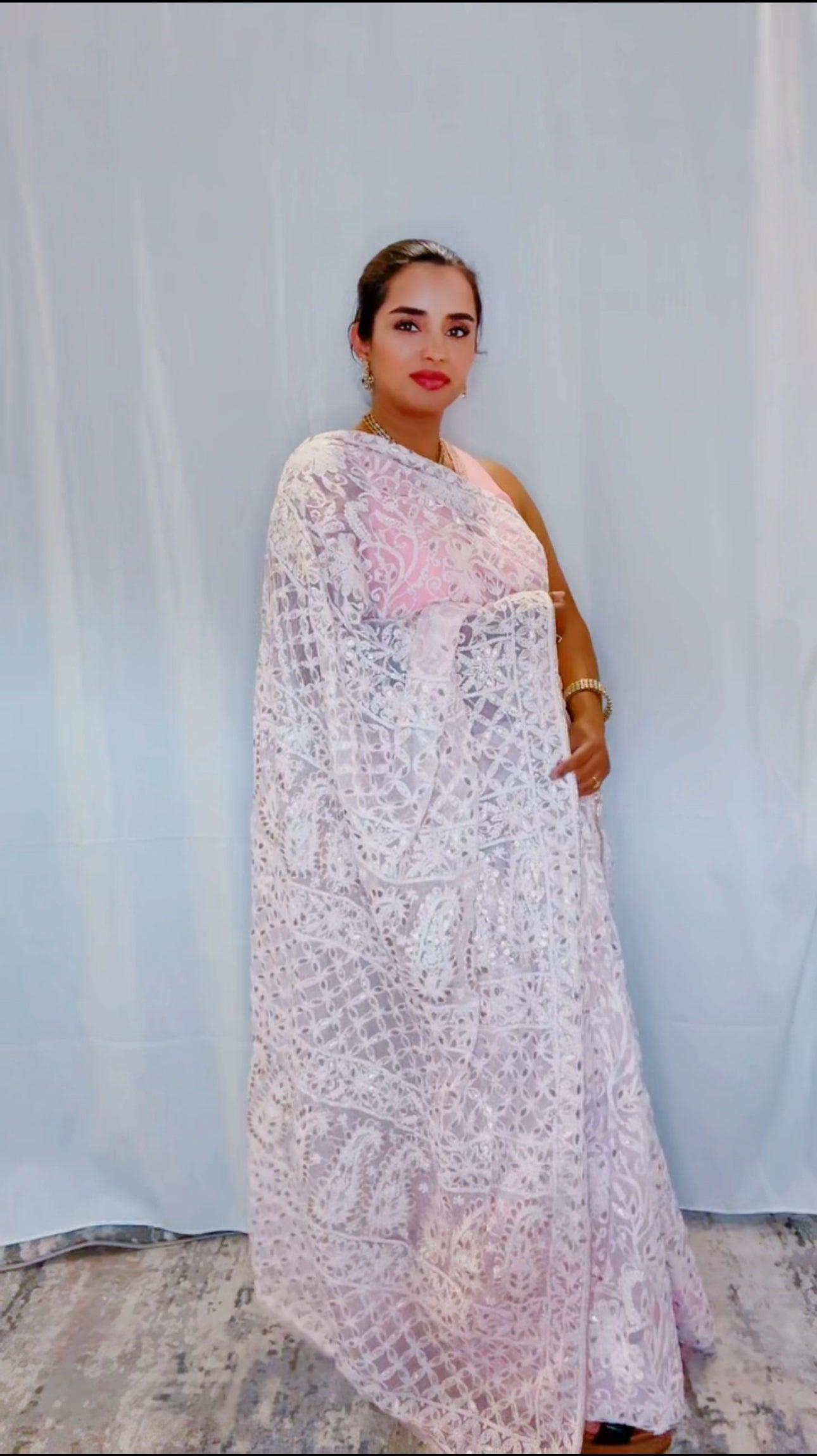 Authentic Hand Lucknowi Chikankari Full Jaal  with Gotta Patti  Georgette Saree Pastel Pink