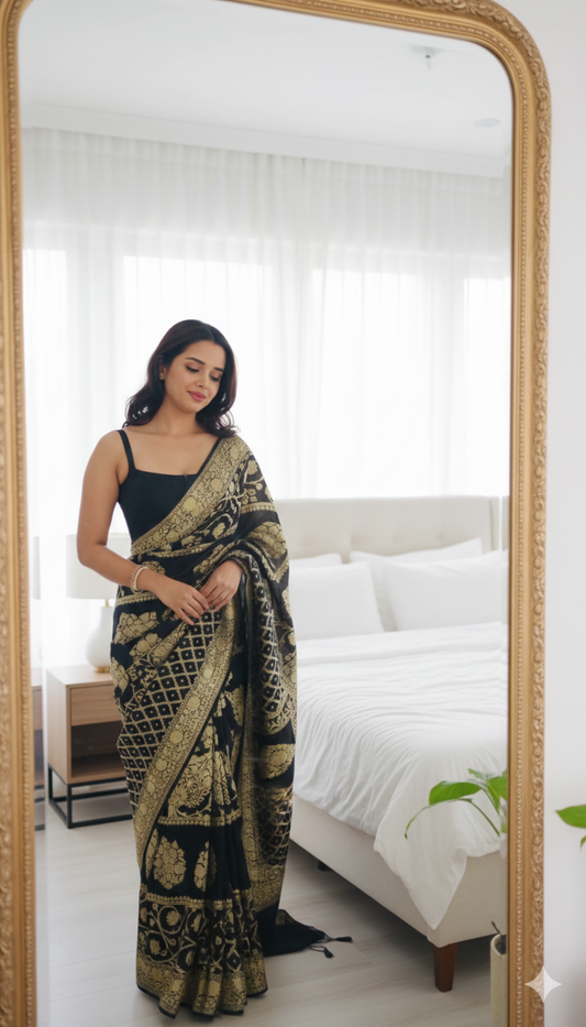 Black Banarasi Saree Pure Khaddi Georgette with Gold Zari
