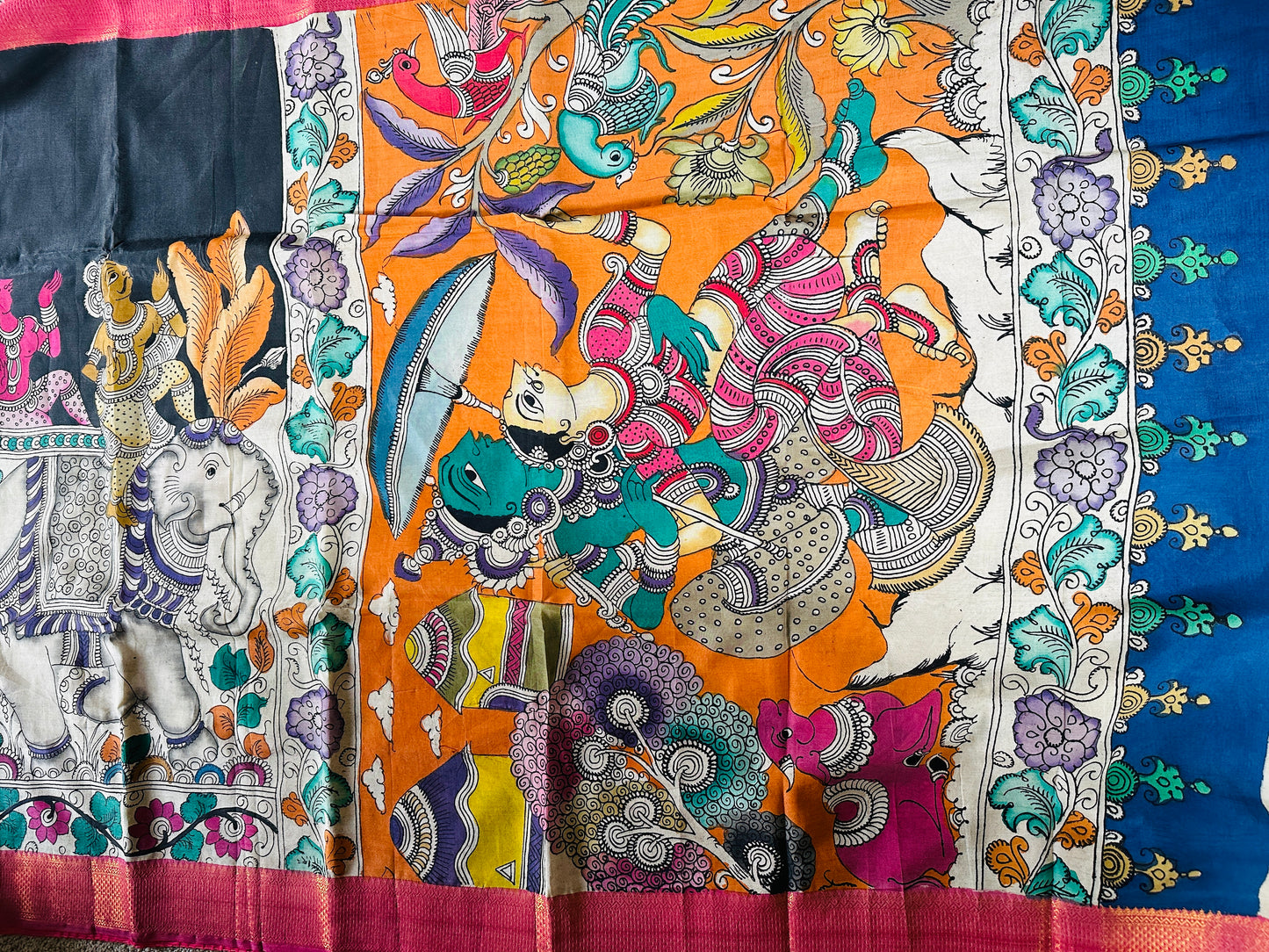 Pen Kalamkari with zari border in Silk - with silk Mark