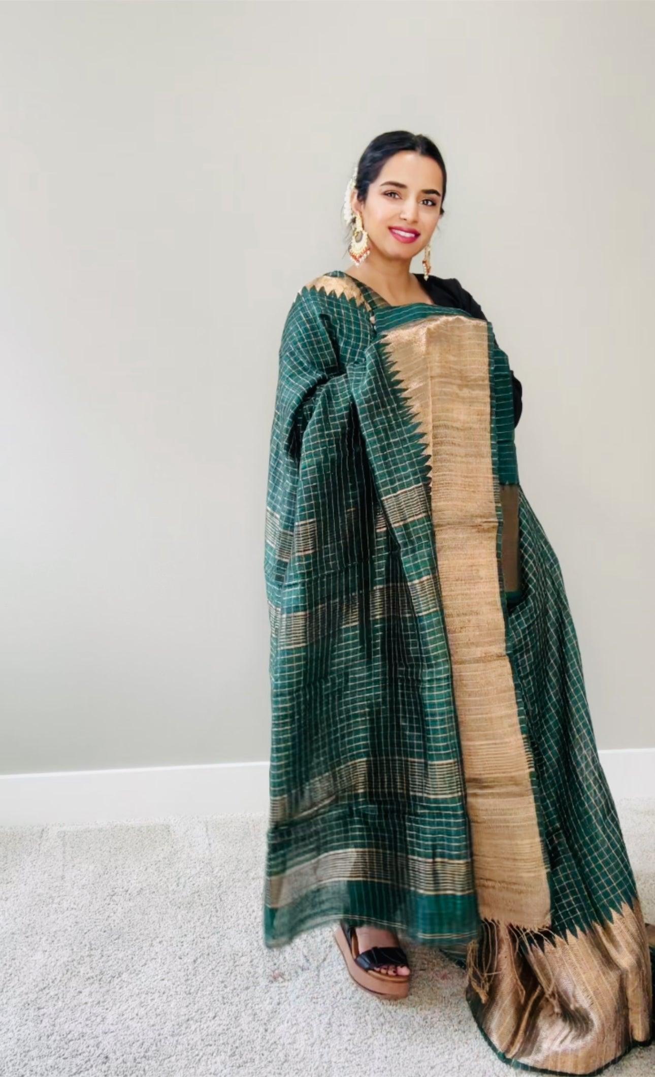 Kanjeewaram Check Saree large border on pure Matka Silk - Green