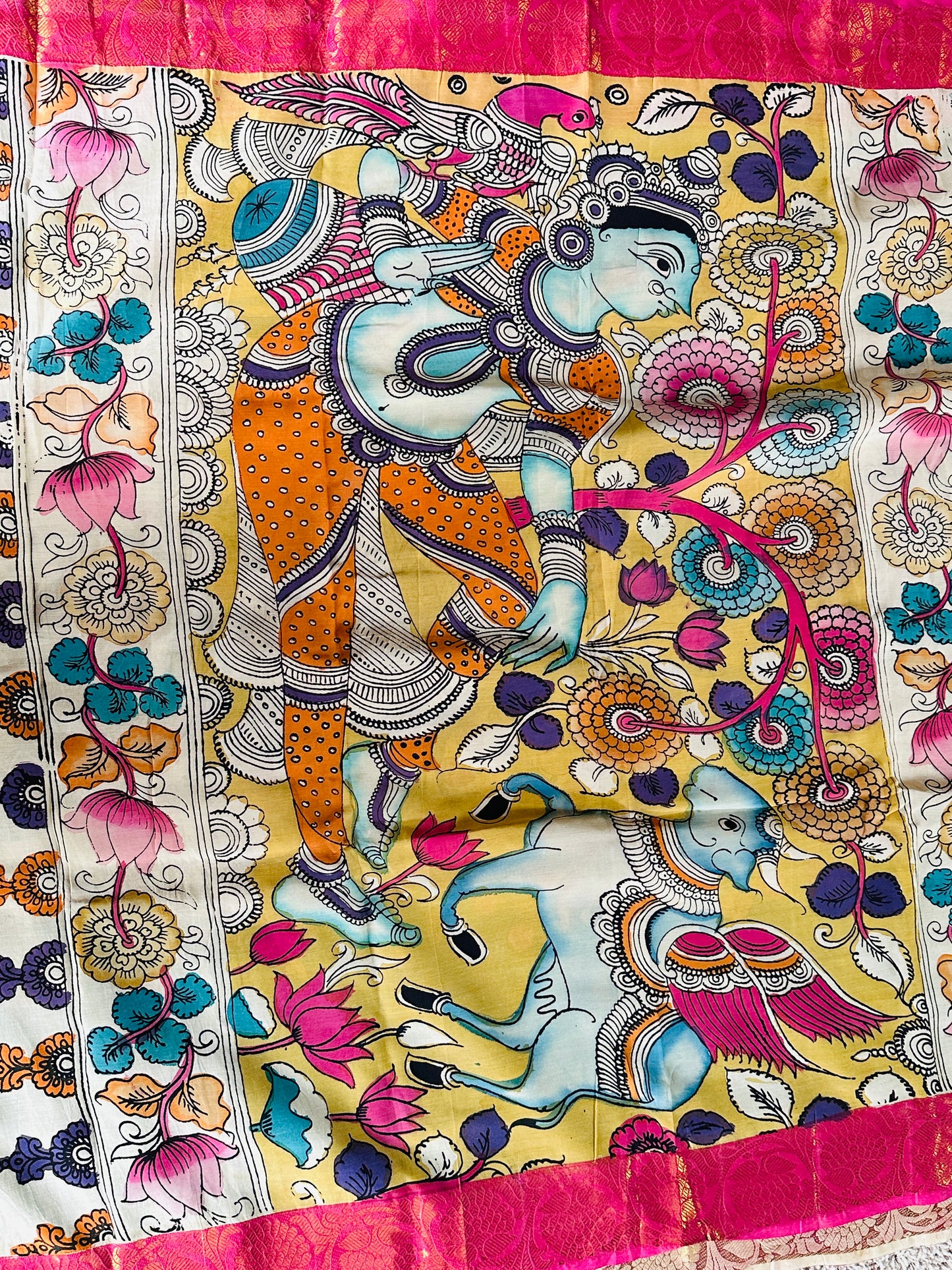 Pen Kalamkari with zari border in Silk - with silk Mark