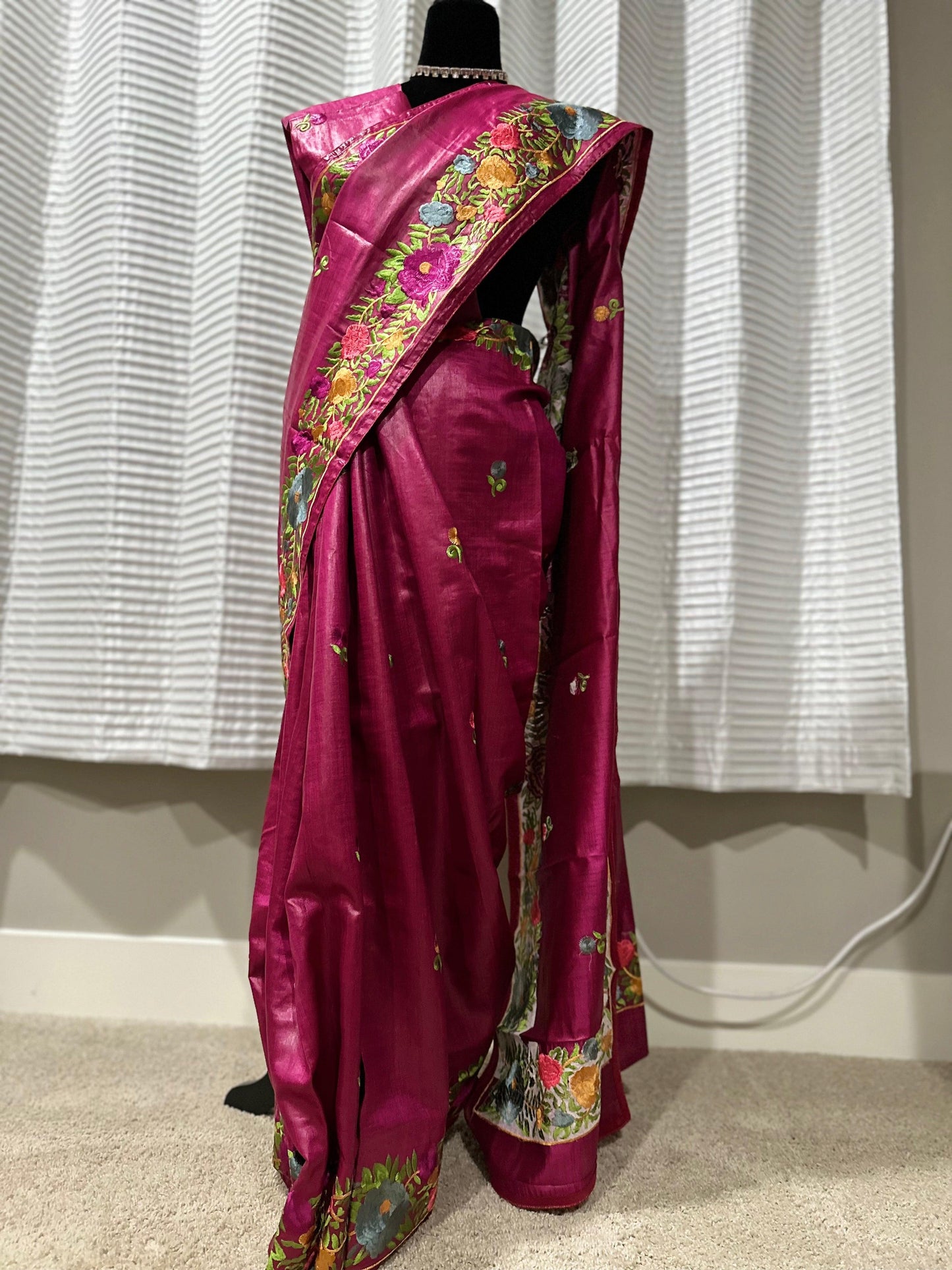 Parsi Gara Inspired Embroidered Tussar Silk Saree