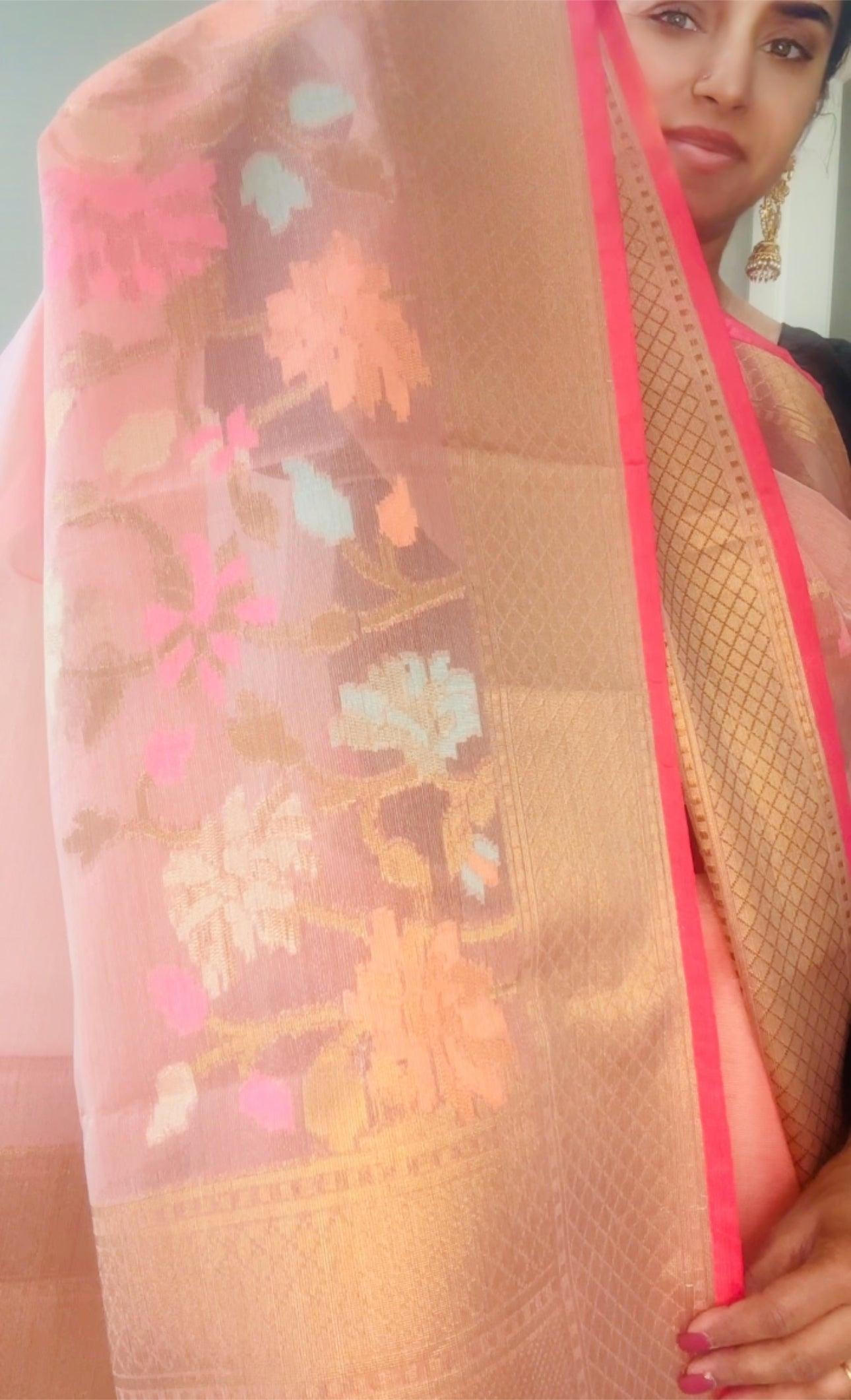 Banarasi Tissue Silk Saree with Skirt Border and sticthed blouse