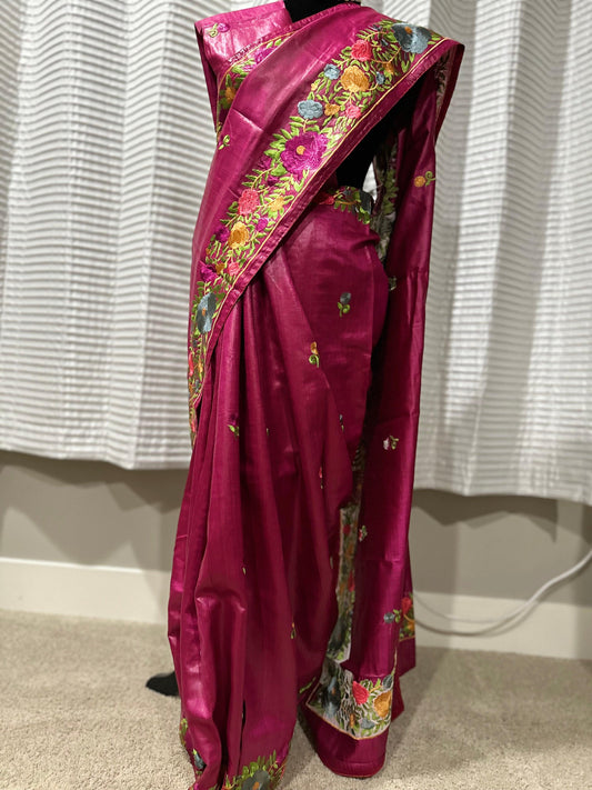 Parsi Gara Inspired Embroidered Tussar Silk Saree
