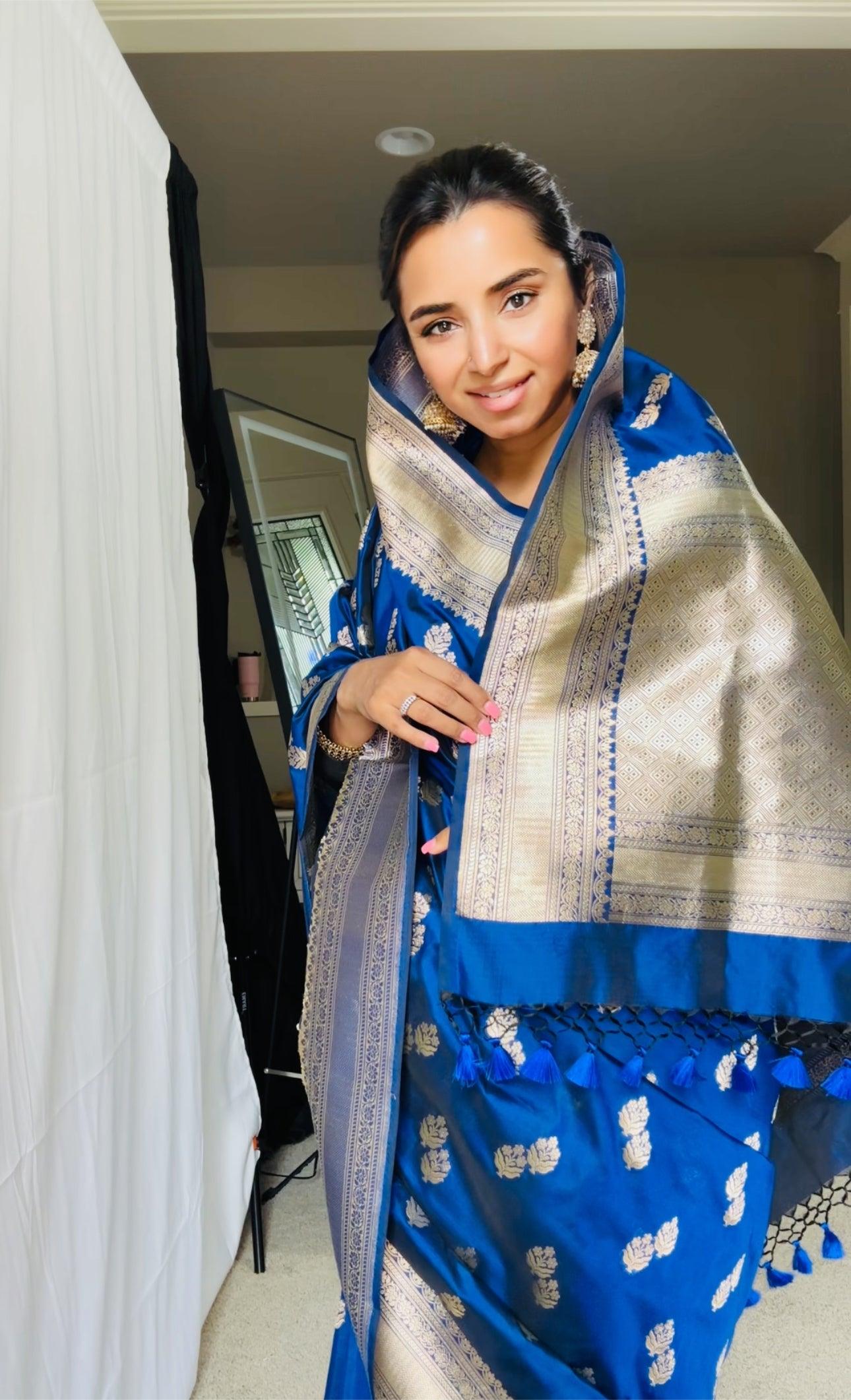 Exquisite Blue Handwoven Katan Silk Saree with Gold Zari Silk Mark Saree with blouse