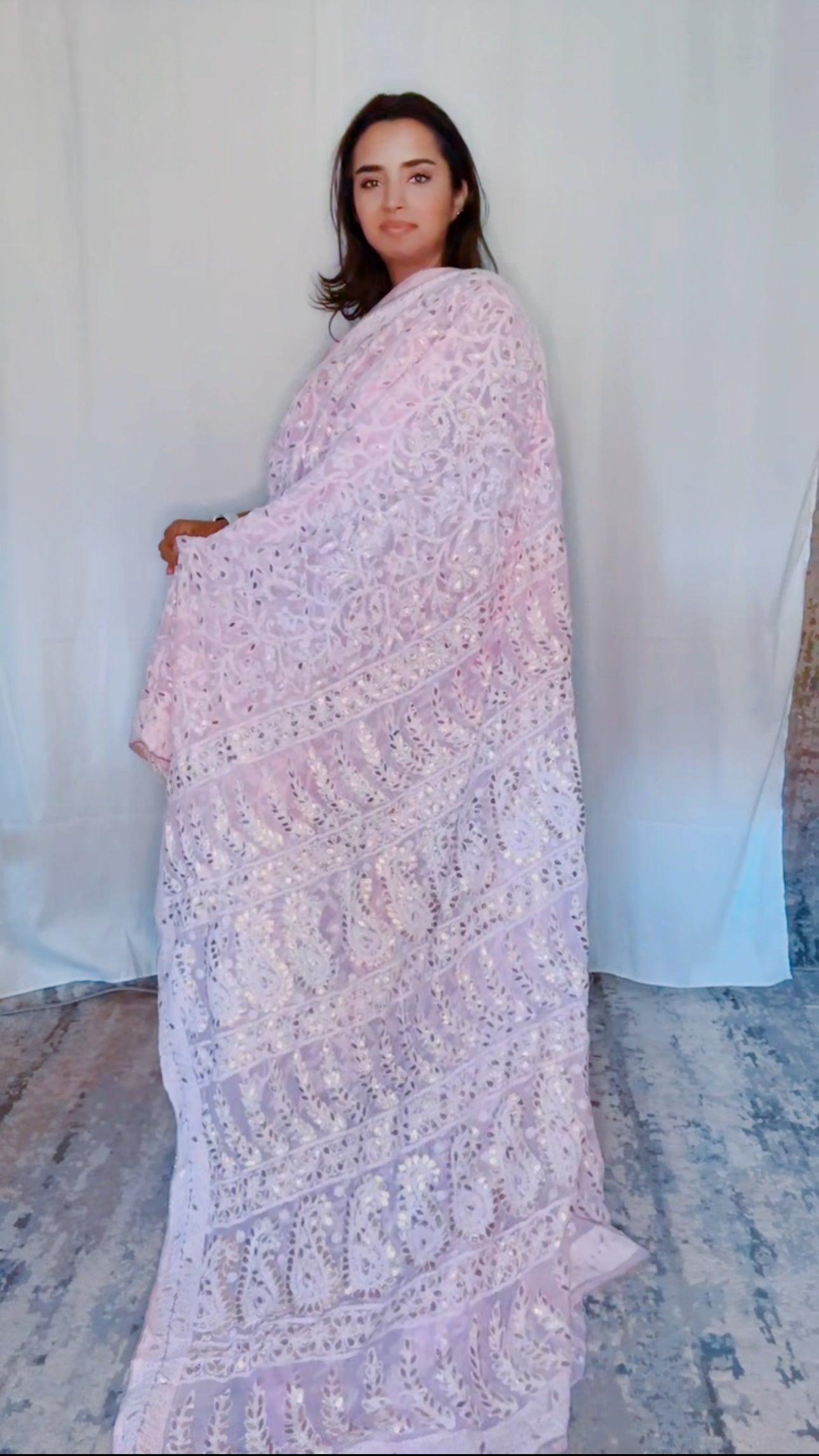 Authentic Hand Lucknowi Chikankari Full Jaal  with Gotta Patti  Georgette Saree Pastel Pink