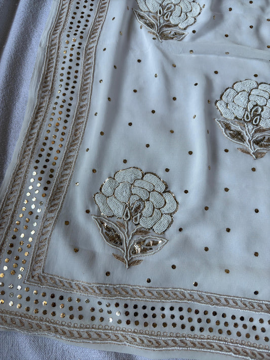 Authentic  Hand Lucknowi Chikankari saree with Mukesh and Pearl work