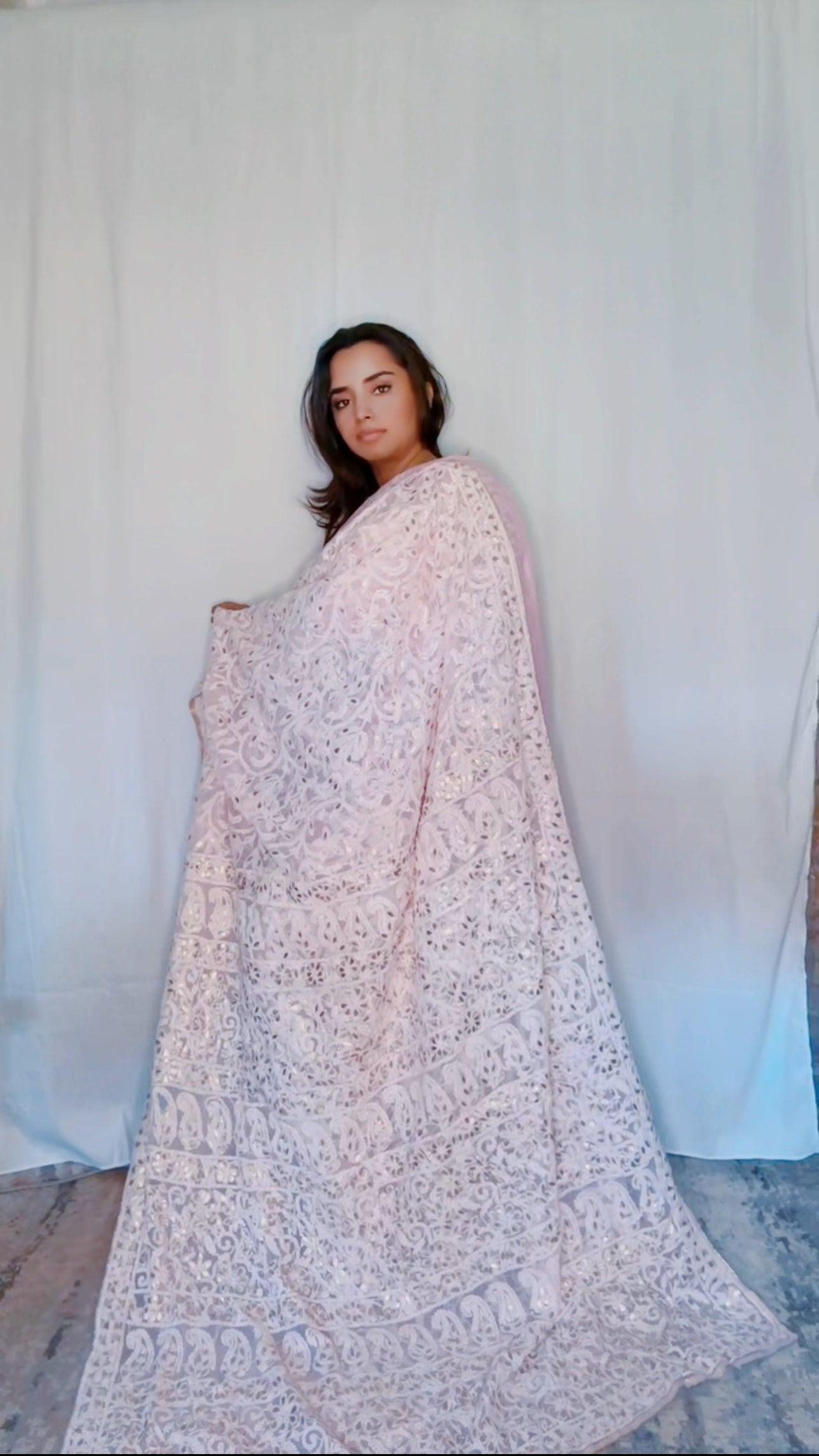 Authentic Hand Lucknowi Chikankari Full Jaal  with Gotta Patti  Georgette Saree Pastel Pink