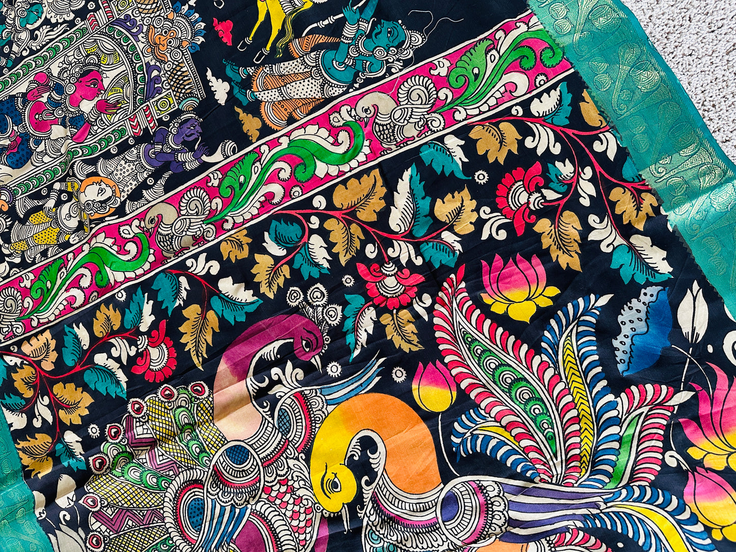 Pen Kalamkari with zari border in Silk - with silk Mark