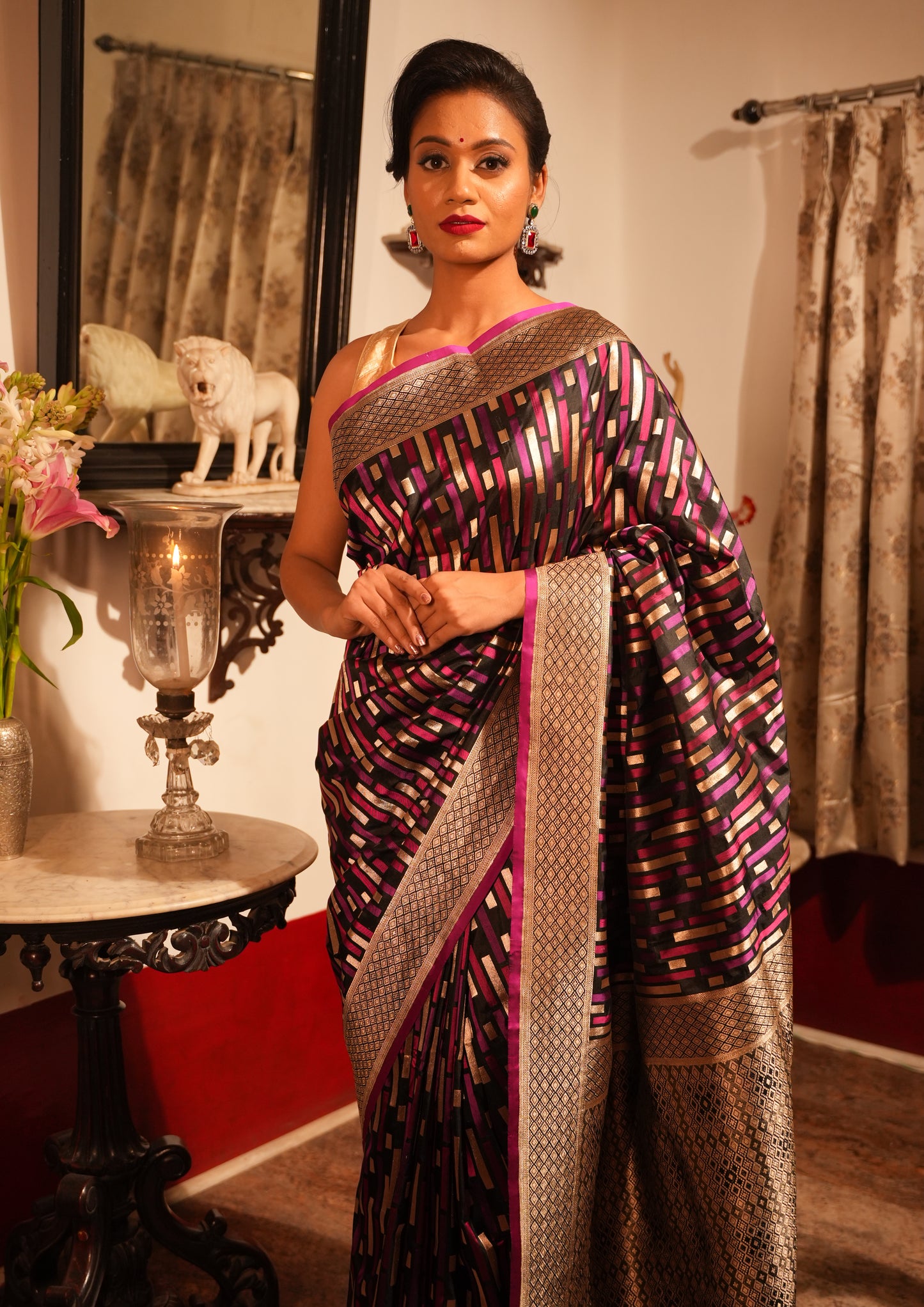Designer Rang Kart Geometric Banarasi Katan Silk Saree with Zari Border