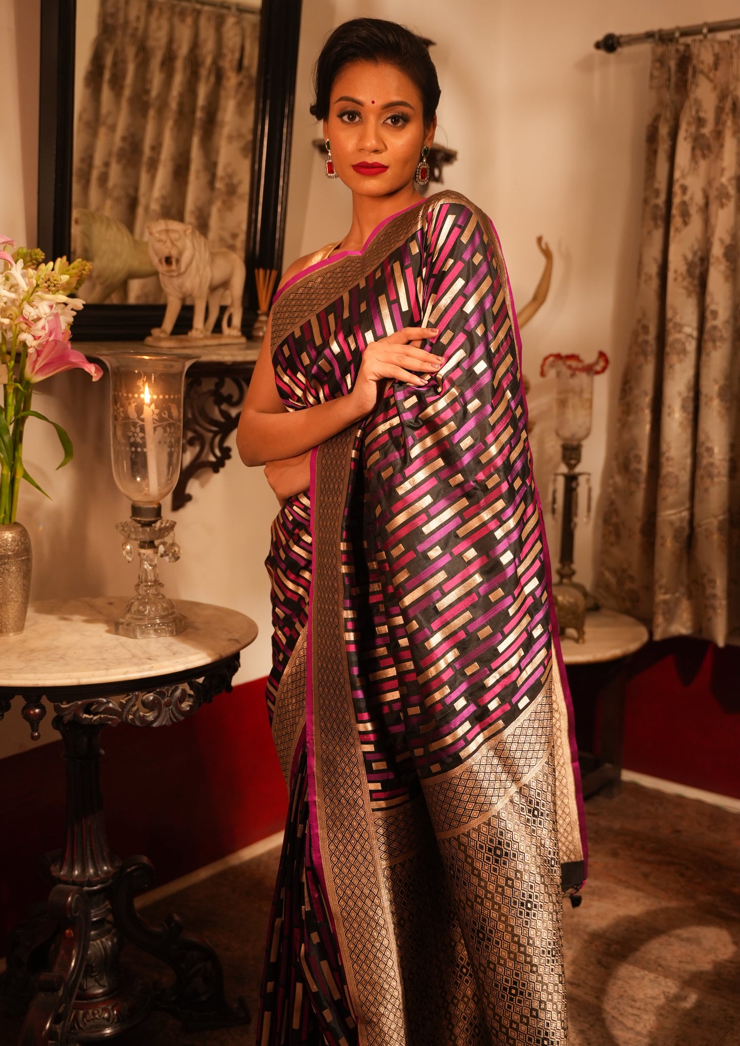 Designer Rang Kart Geometric Banarasi Katan Silk Saree with Zari Border