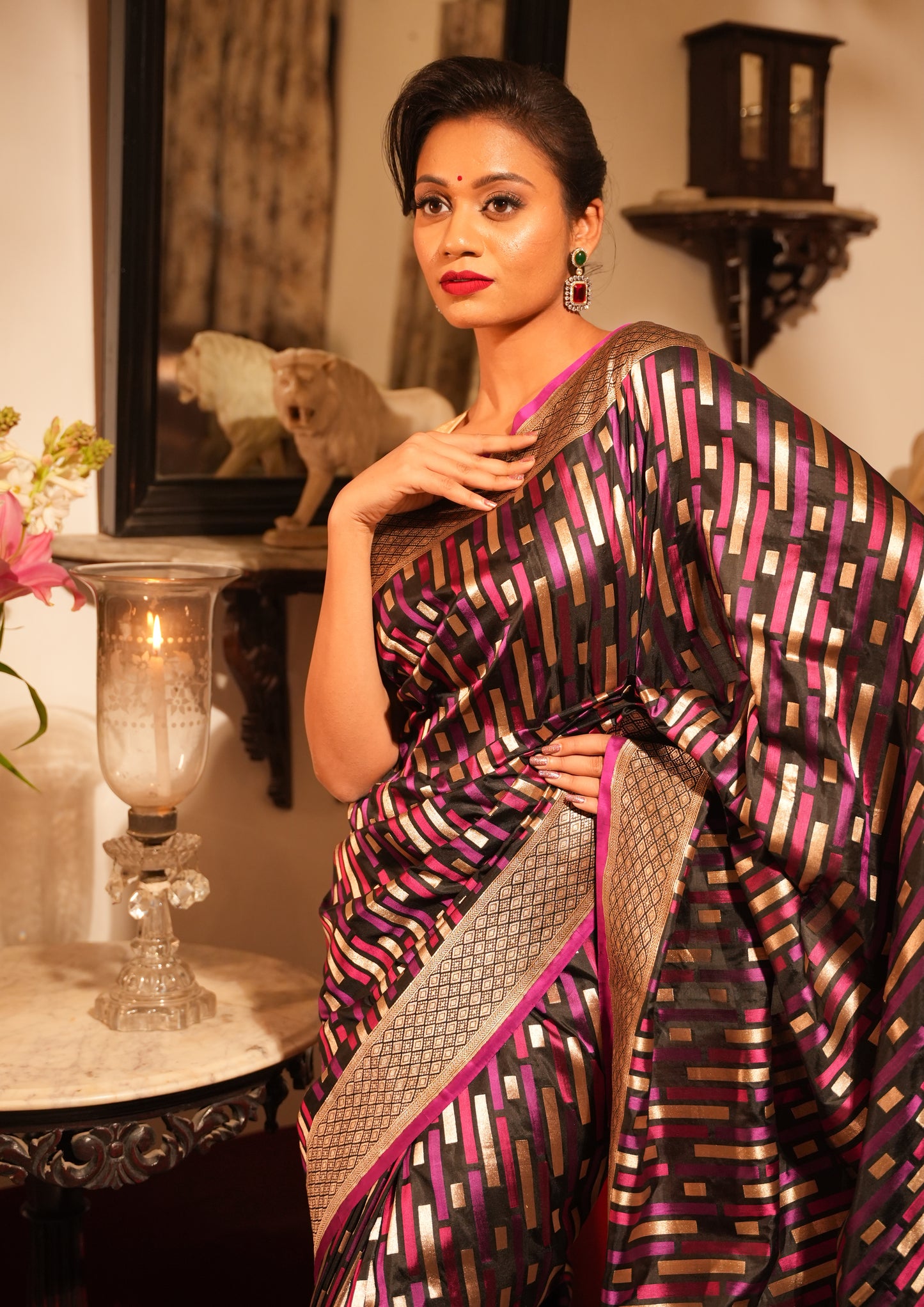 Designer Rang Kart Geometric Banarasi Katan Silk Saree with Zari Border