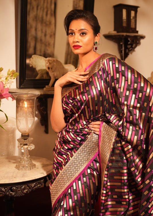 Designer Rang Kart Geometric Banarasi Katan Silk Saree with Zari Border