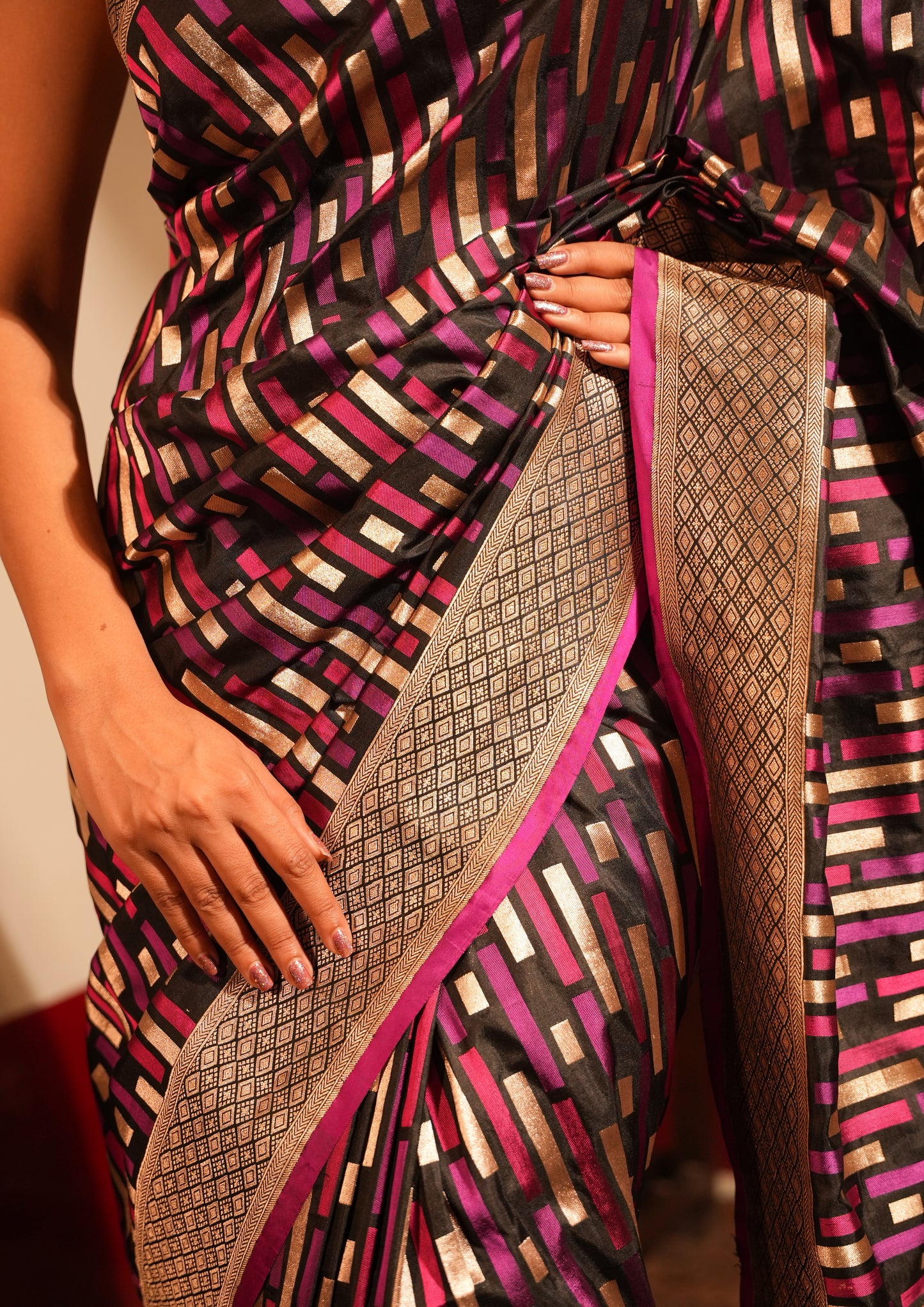 Designer Rang Kart Geometric Banarasi Katan Silk Saree with Zari Border