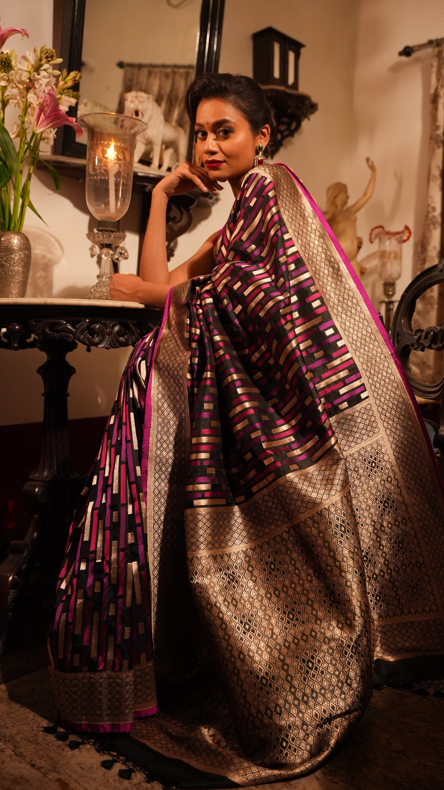 Designer Rang Kart Geometric Banarasi Katan Silk Saree with Zari Border