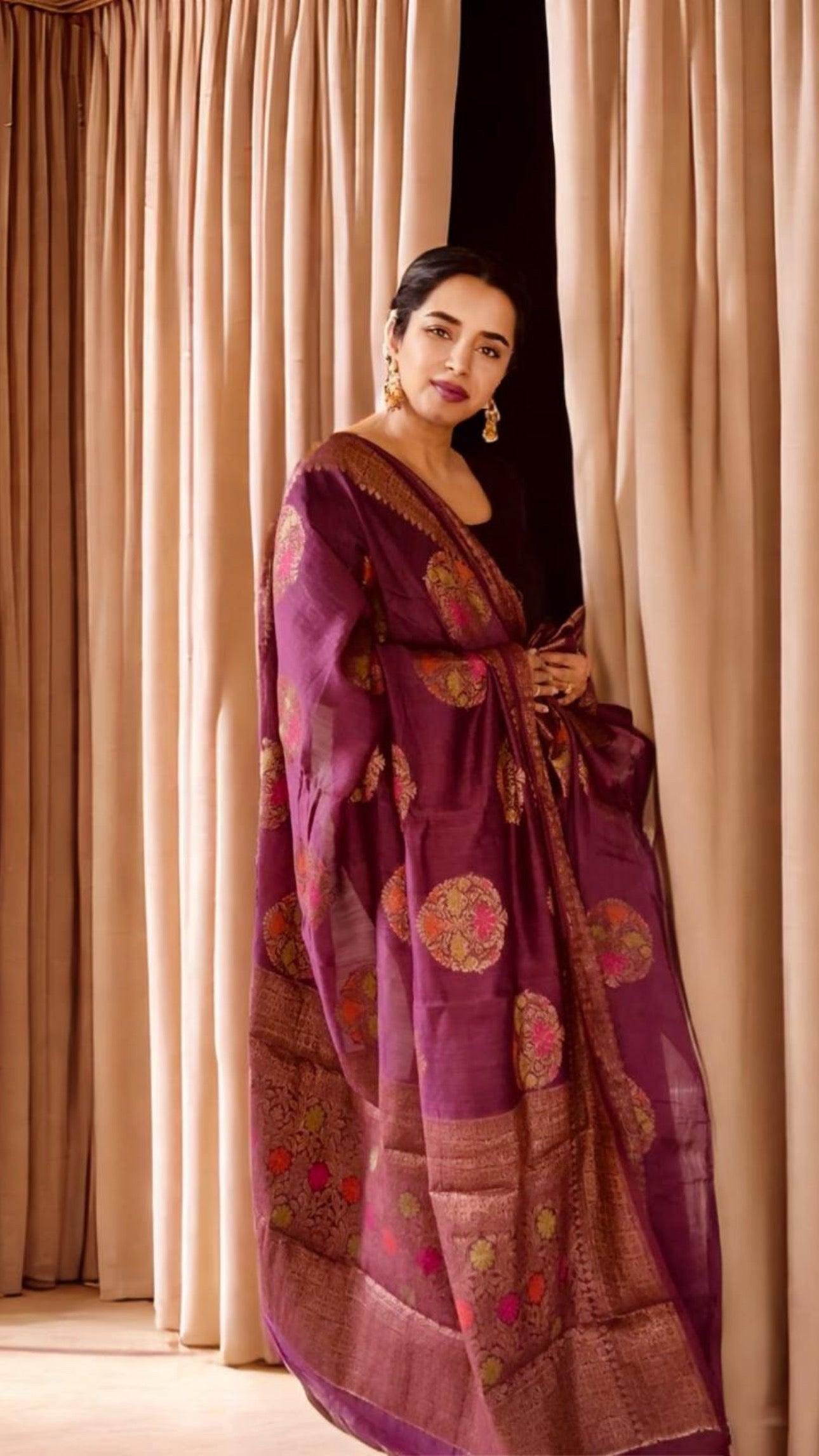Meenakari Moonga Georgette Banarsi Silk Saree with silk mark