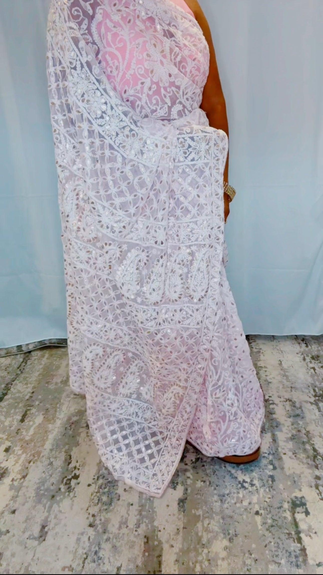 Authentic Hand Lucknowi Chikankari Full Jaal  with Gotta Patti  Georgette Saree Pastel Pink