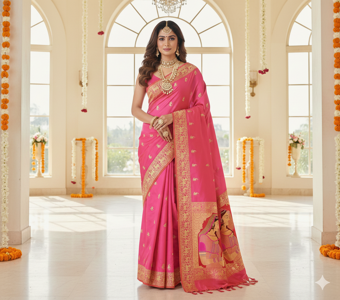 Pure Katan Silk Banarasi Saree with Meenakari ‘Padmavati’ Dulhan Pallu & Deer Motifs | Handwoven Heirloom - Made to order