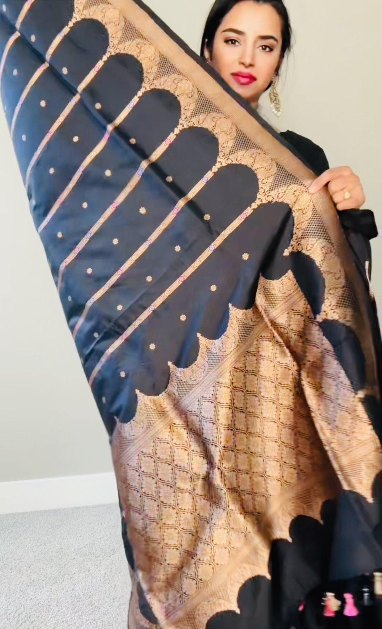Exquisite Banarasi Handwoven Black Katan Silk Saree Kaduwa with Gold Zari Silk Mark Saree with blouse