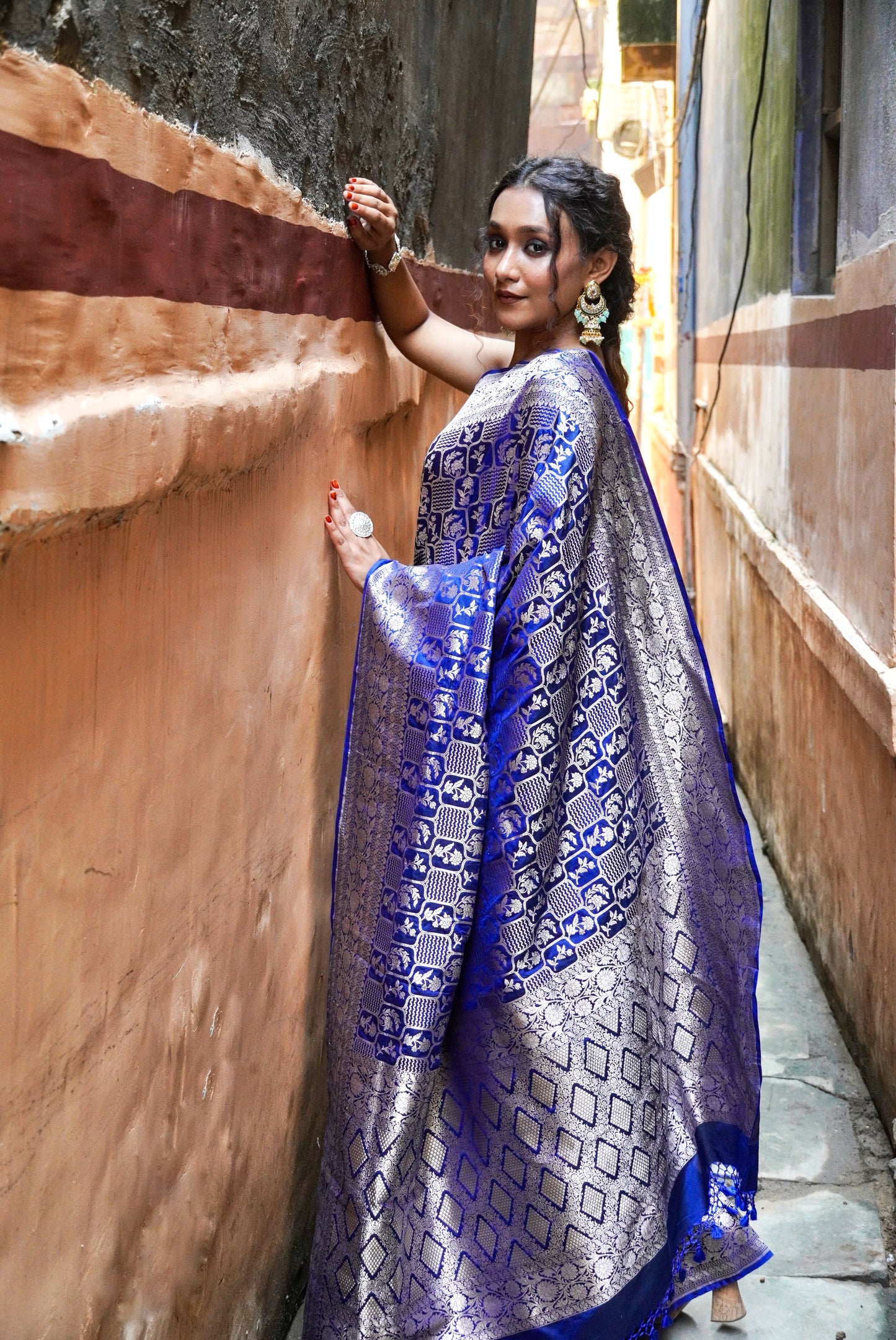 Exquisite  Handwoven Katan Silk Saree Blue  - Silk Mark certified