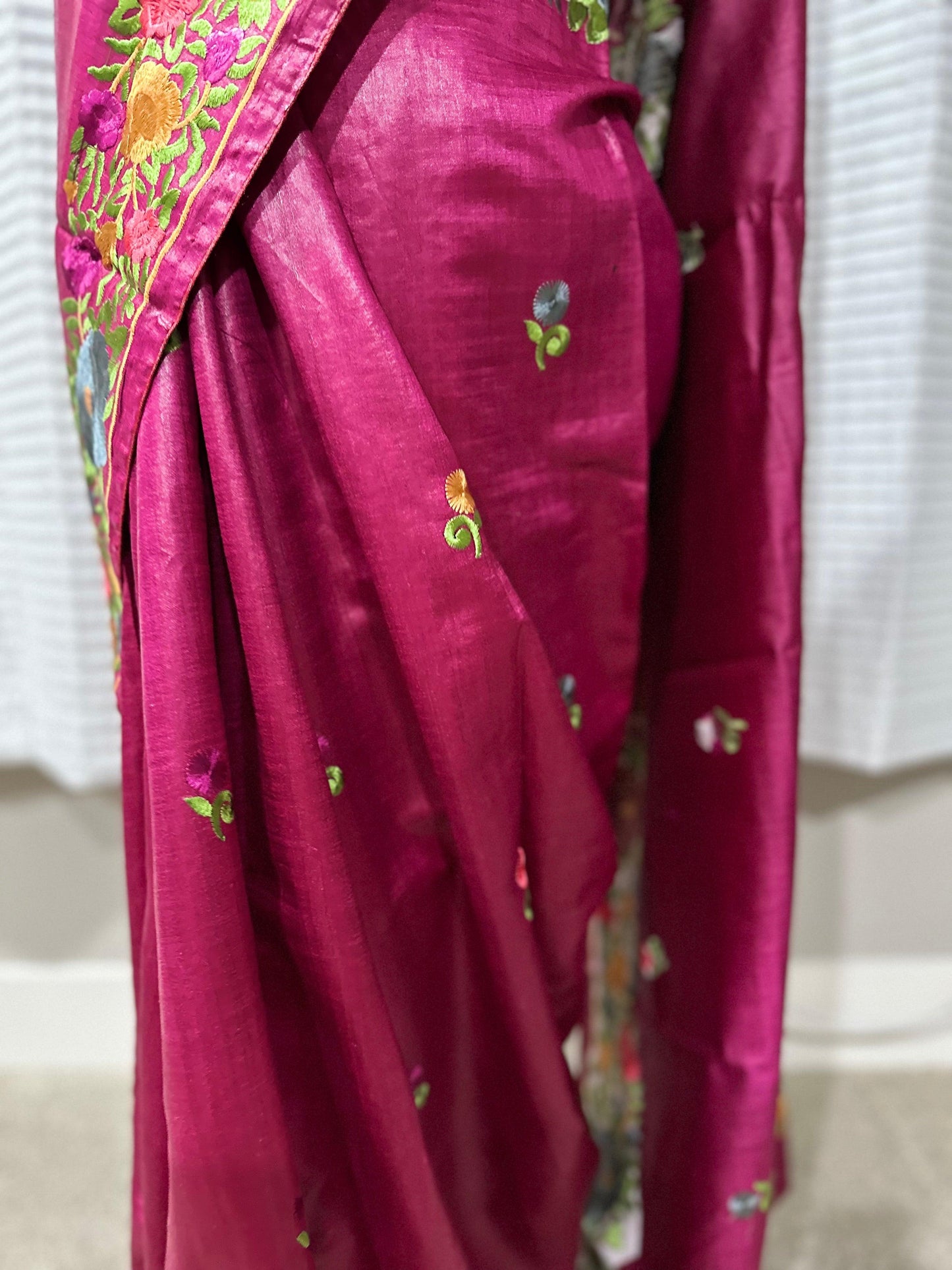 Parsi Gara Inspired Embroidered Tussar Silk Saree