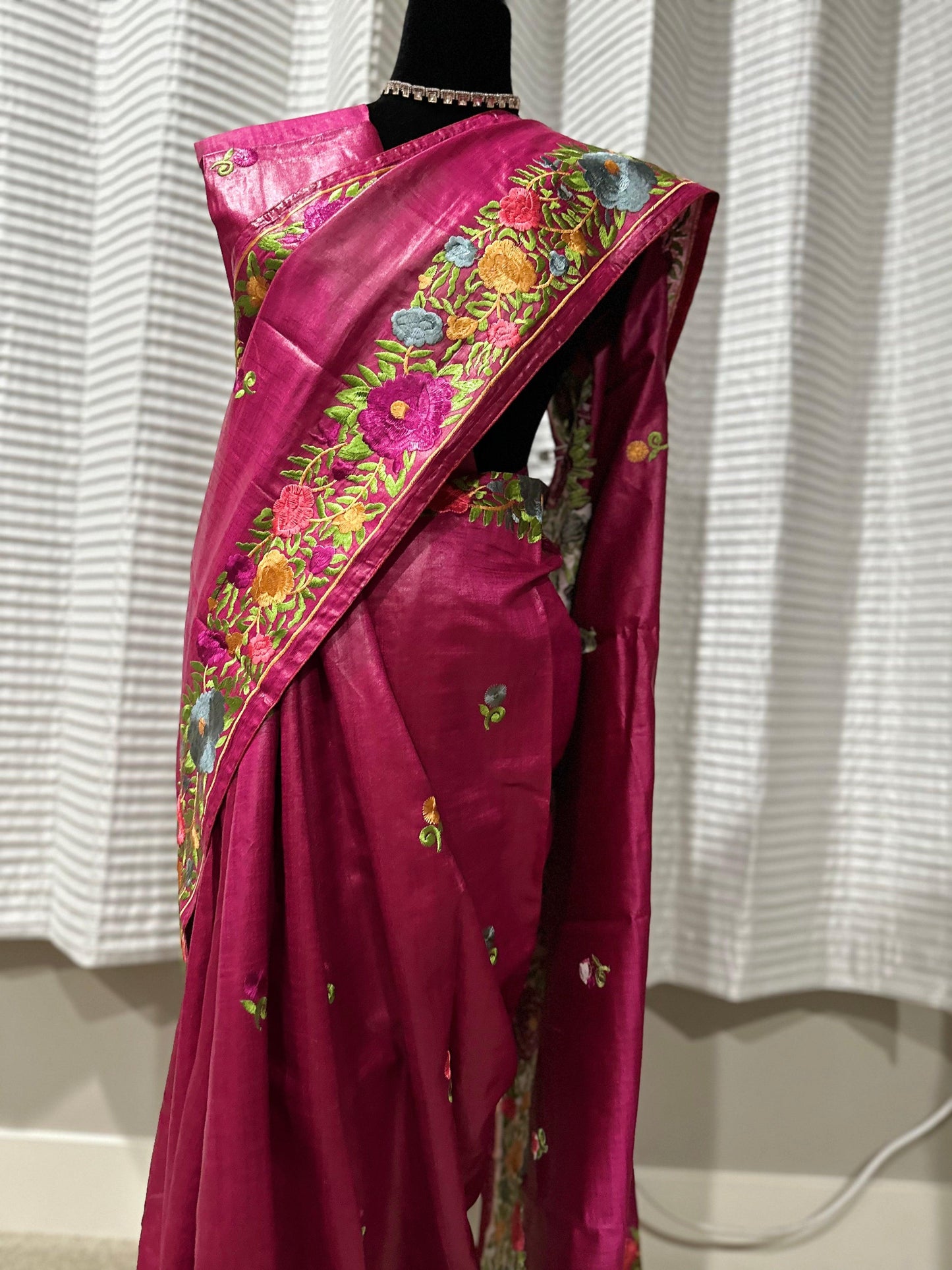 Parsi Gara Inspired Embroidered Tussar Silk Saree